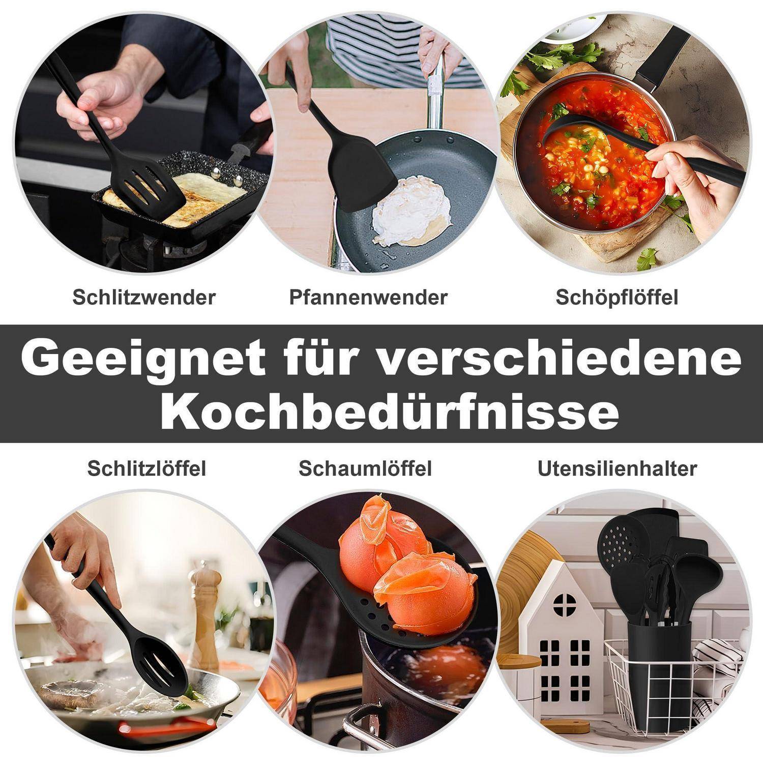 Deutsches Infoblatt mit sechs schwarzen Küchengeräten für verschiedene Kochtätigkeiten, beschriftet mit Wendespachtel mit Loch, Pfannenwender, Schöpfkelle, Schaumkelle, Schöpfkelle und Utensilien-Halter.