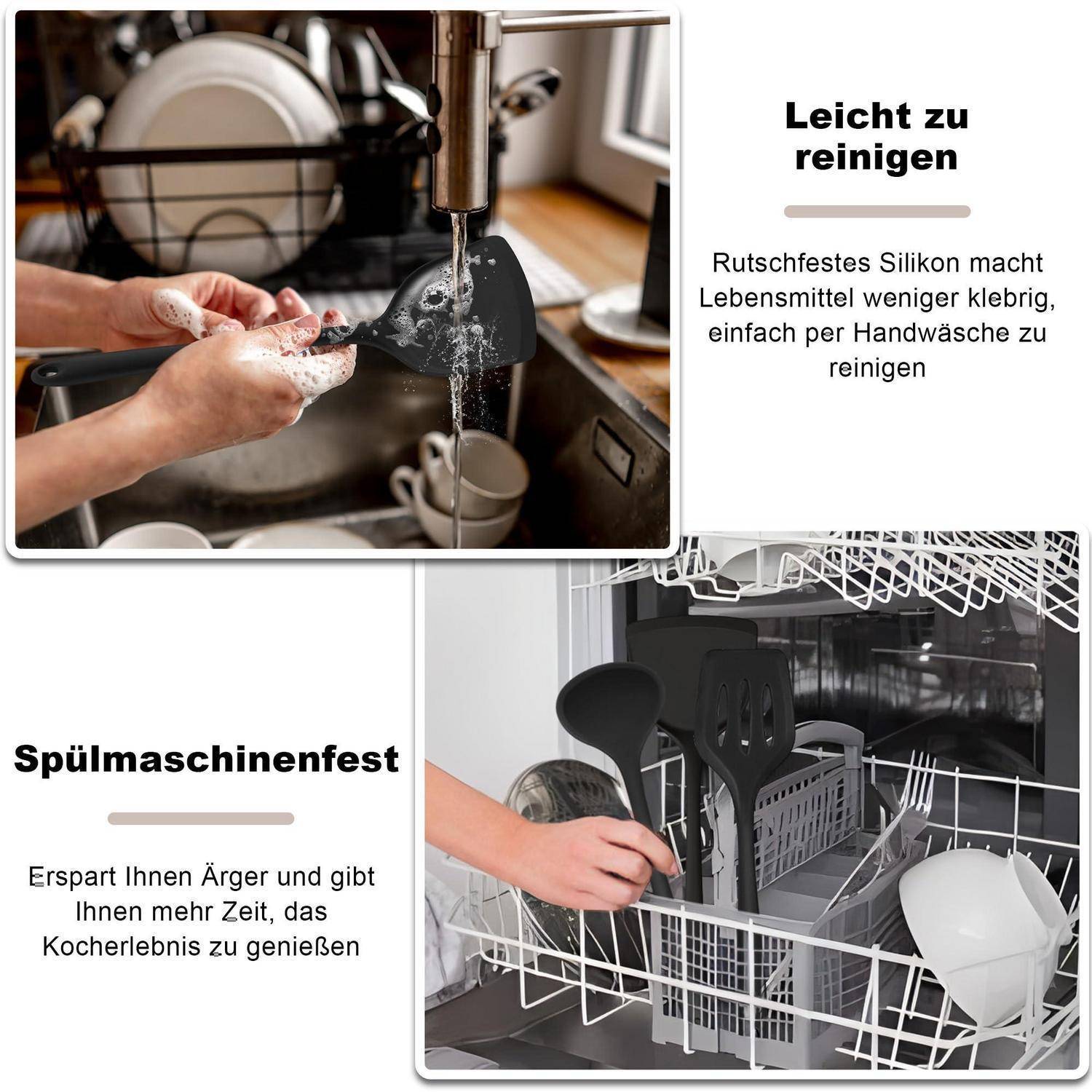 Küchenhelfer Set 10tlg. Silikon Hitzebeständig Schwarz mit Halter