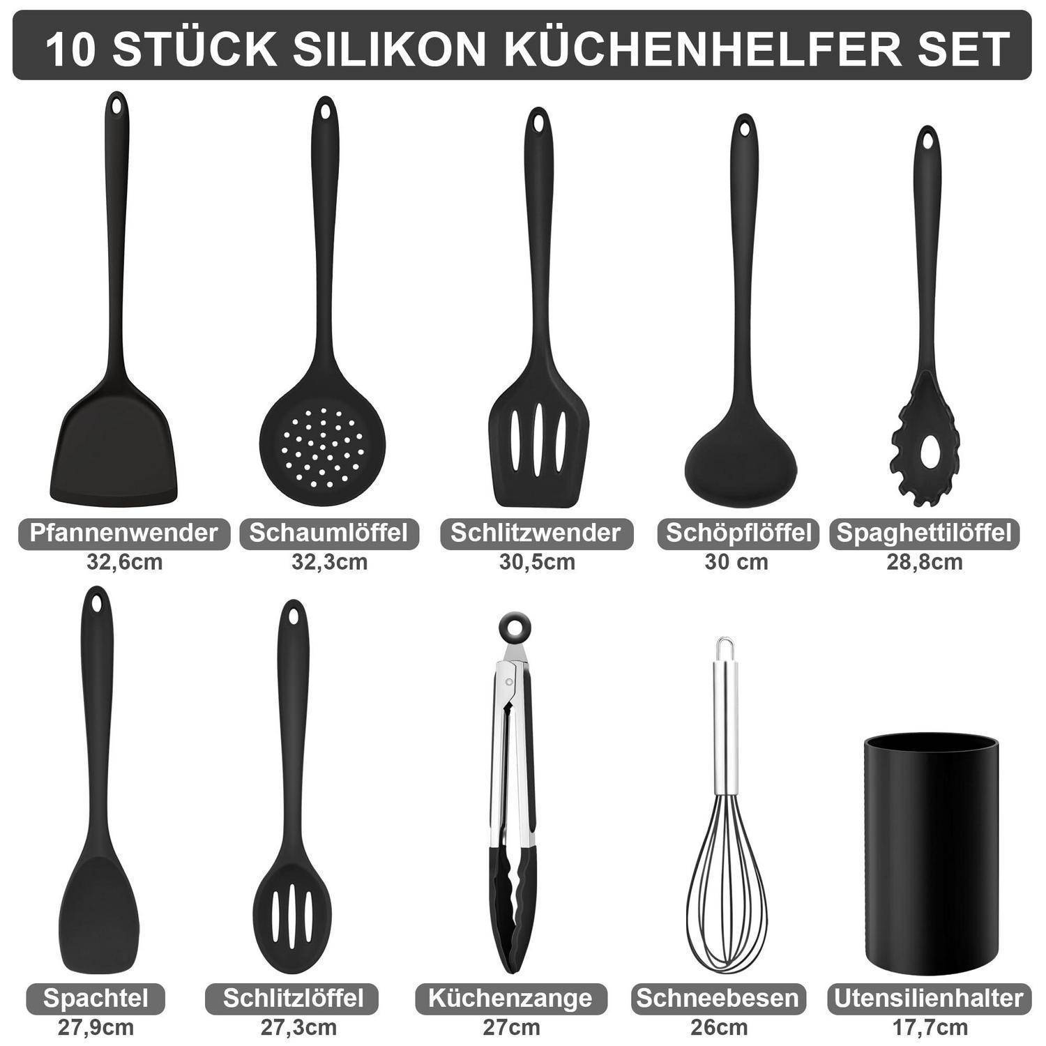 Zehnteiliges Silikon-Küchengeräteset mit Beschriftungen und Größenangaben: Spatel, Schlitzlöffel, Schöpflöffel, Spaghettilöffel, Zange, Schneebesen und Halter.
