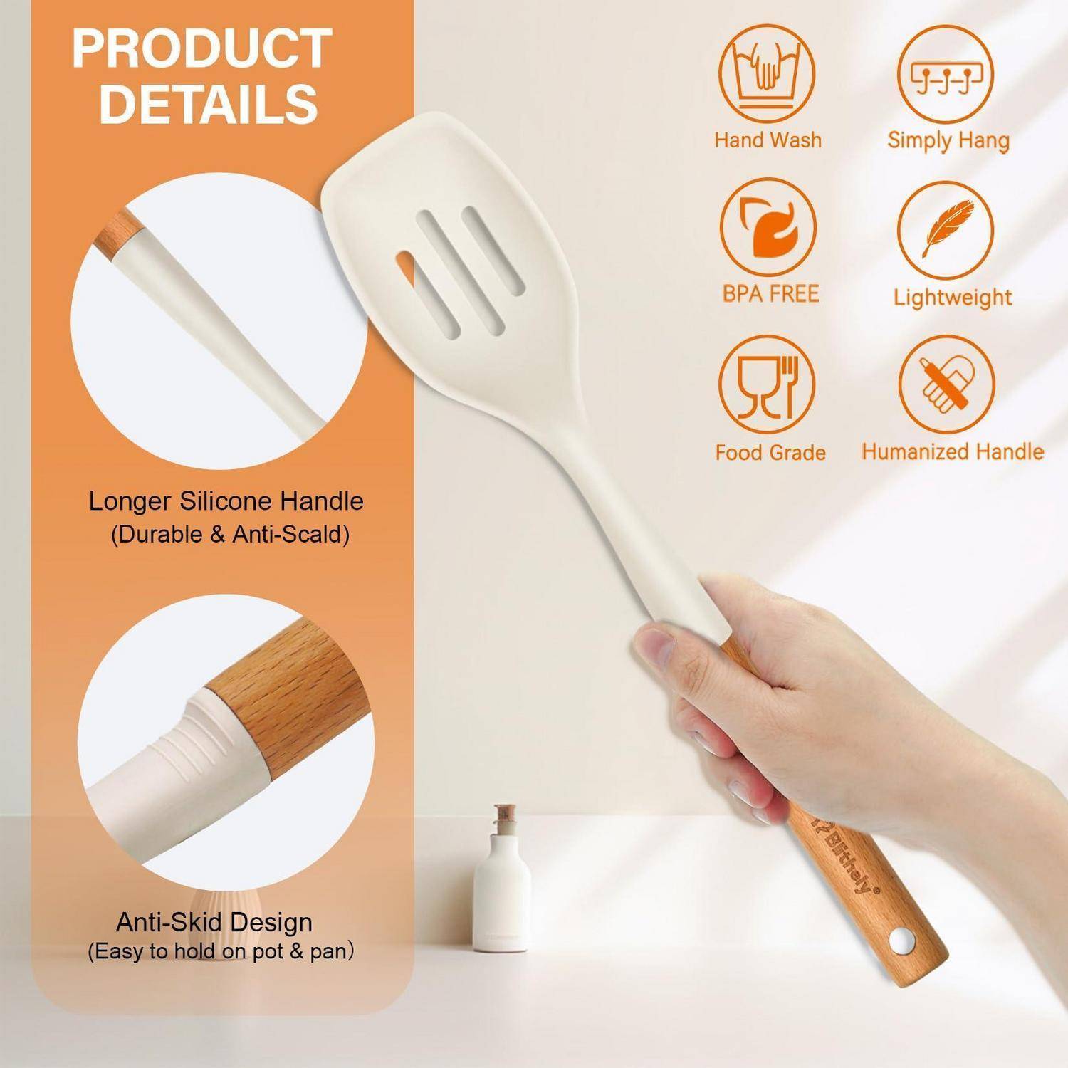 Produktdetails für einen Silikonspatel mit Holzgriff: längerer hitzebeständiger Griff, rutschfestes Design, Handwäsche, BPA-frei, Lebensmittelqualität, leicht und einfach aufzuhängen.