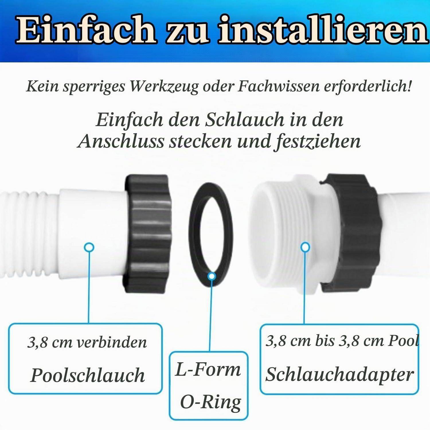 Deutsches Installationshandbuch, das eine Poolschlauchverbindung zu einem Adapter mit einem L-förmigen O-Ring zeigt; der Text besagt, dass die Installation ohne Werkzeuge oder Fachwissen einfach ist.