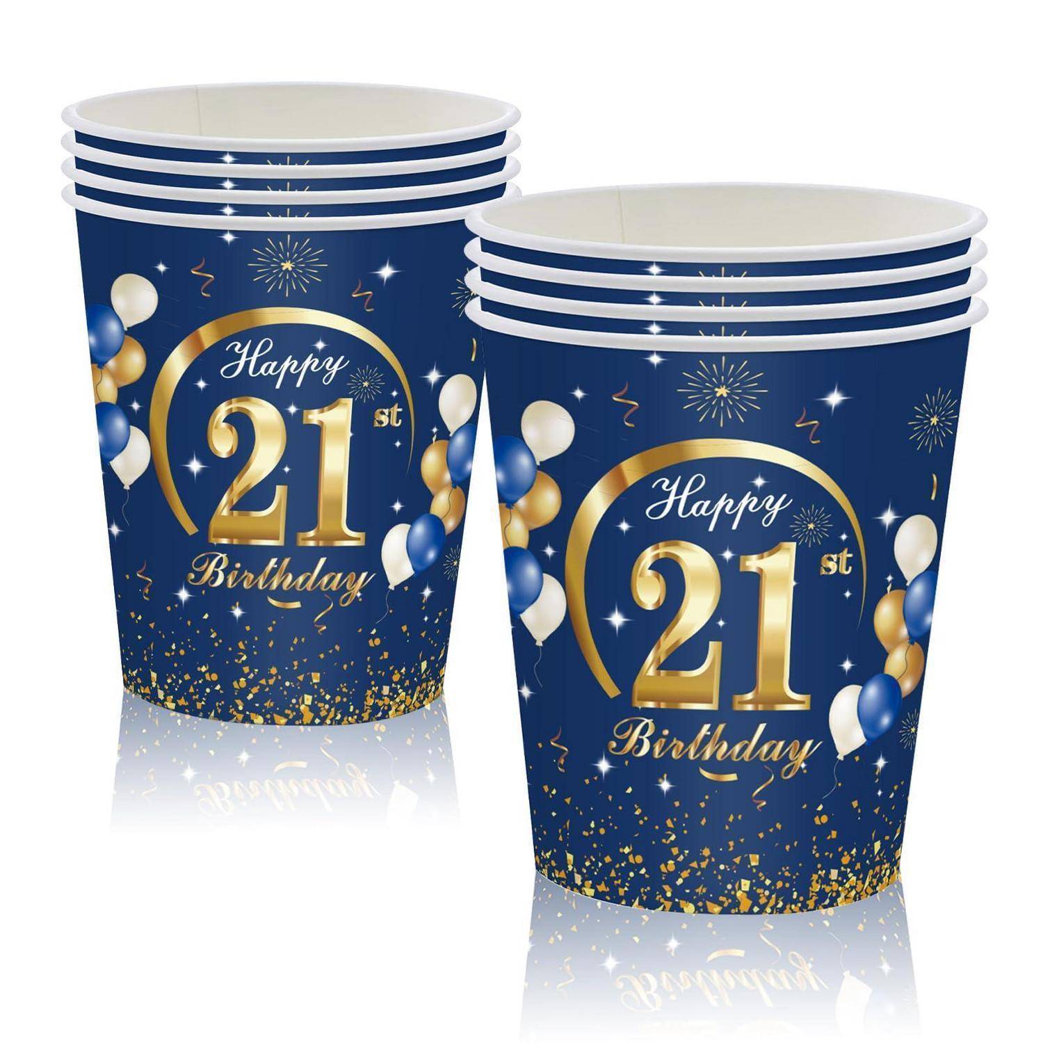 Stapel blauer Einweg-Partytassen mit goldfarbener Aufschrift „Happy 21st Birthday