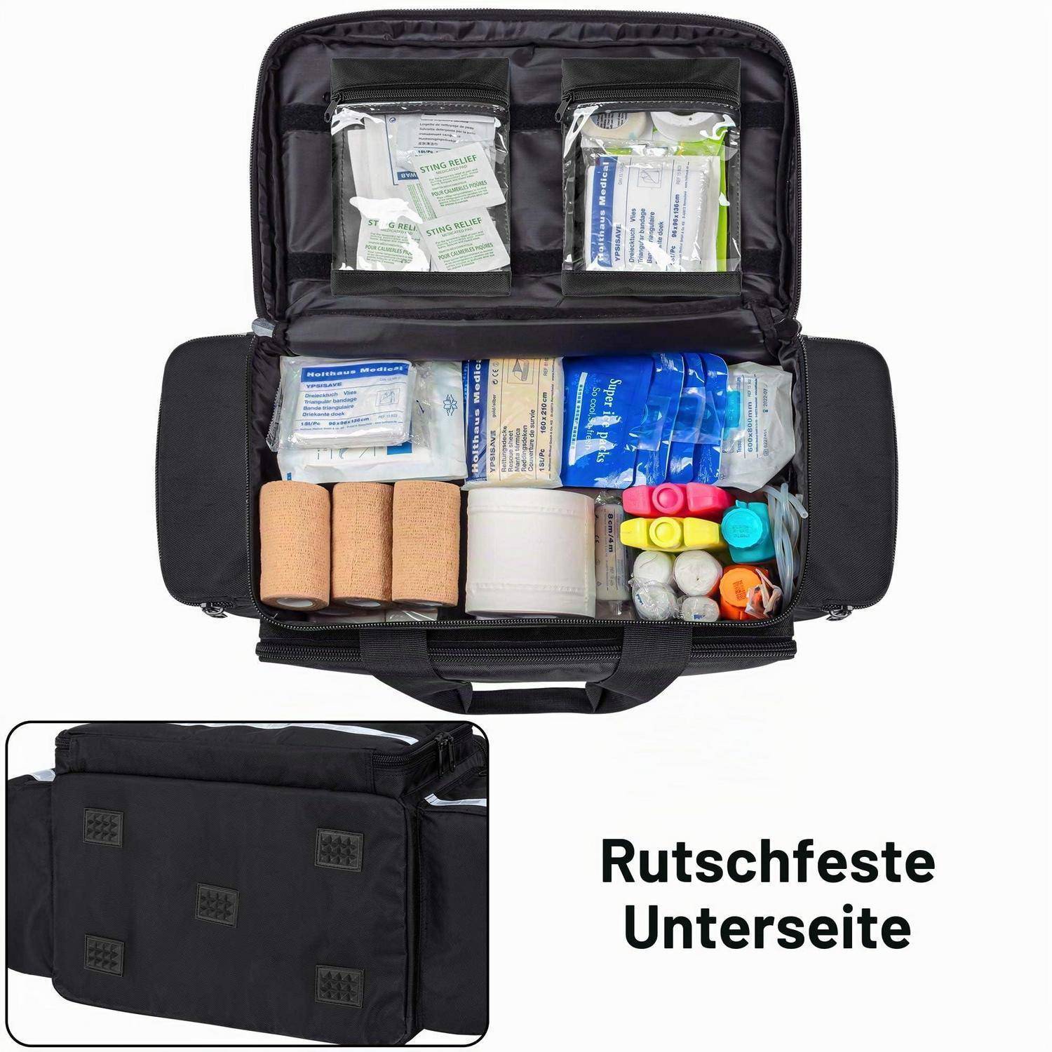 Erste-Hilfe-Koffer mit organisierten medizinischen Materialien, plus Ausschnitt showing a non-slip bottom and text 'Rutschfeste Unterseite'.
