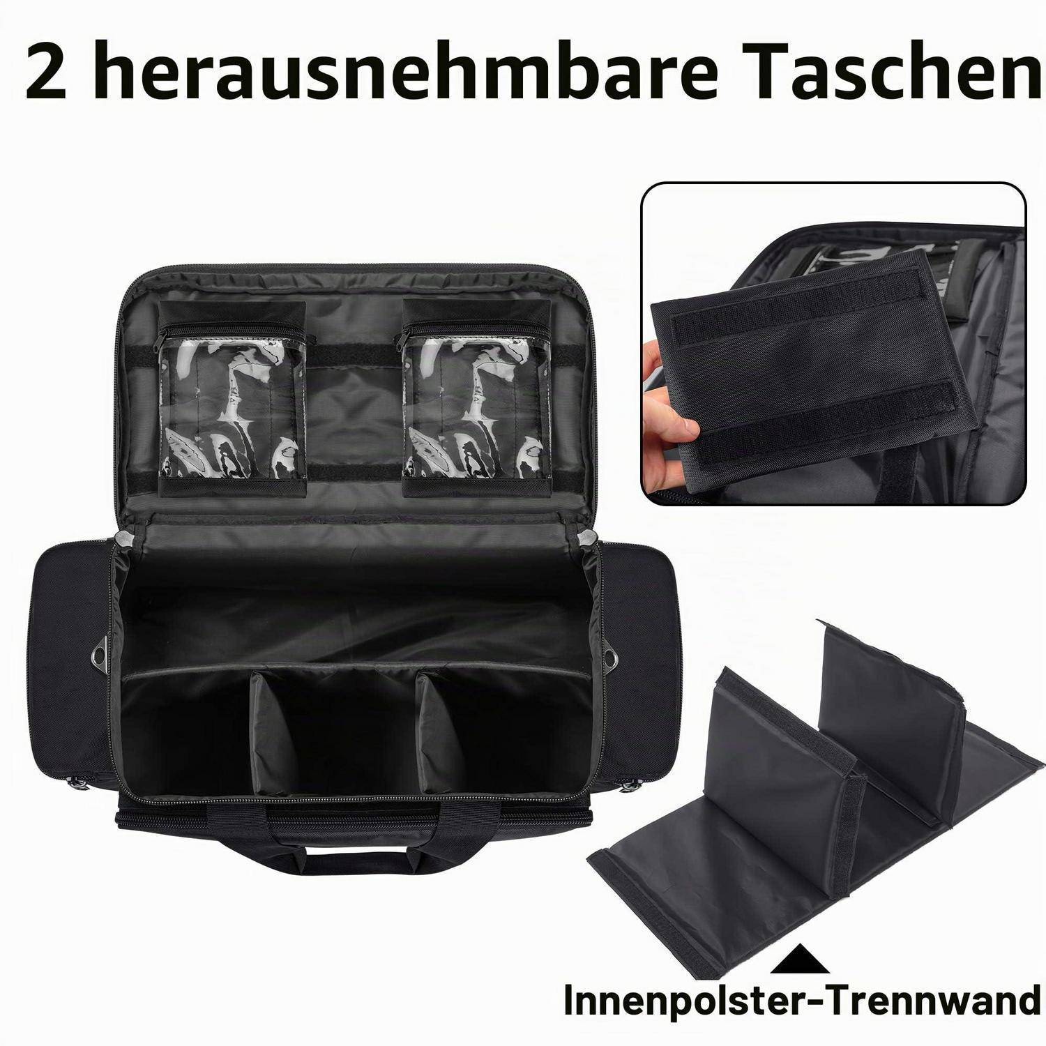 Produktabbildung eines schwarzen Reisegepäck-Organizers mit zwei abnehmbaren Innentaschen, geöffnet mit einem abnehmbaren gepolsterten Trennsteg und Nahaufnahme-Einsatz.