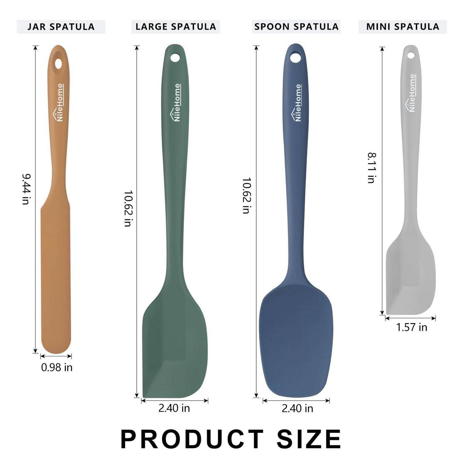 Produktgrößentabelle mit vier Spachteln: Glas 9,44 Zoll, Groß 10,62 Zoll, Löffel 10,62 Zoll, Mini 8,11 Zoll; Breiten reichen von 0,98-2,40 Zoll.