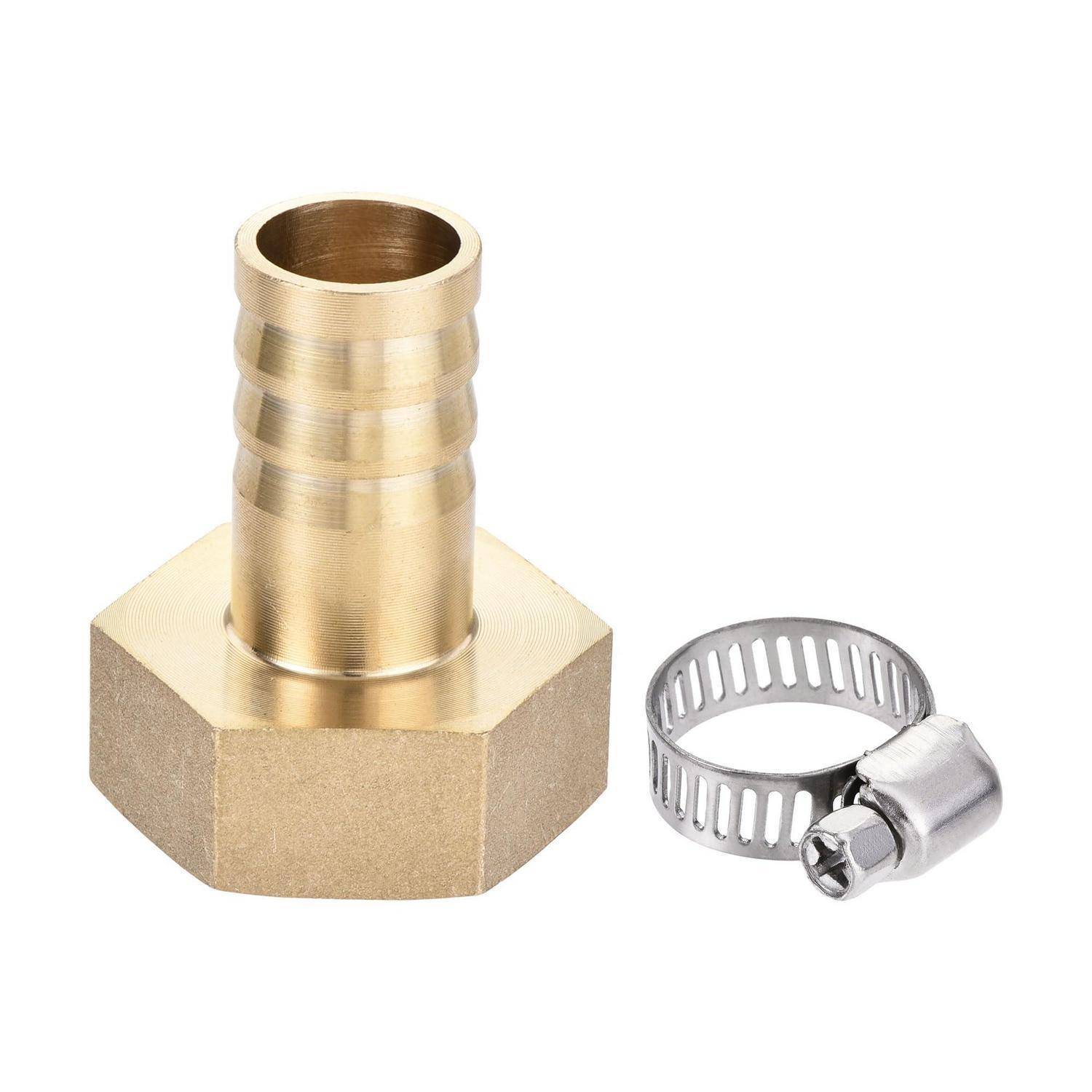 Messingschlauchbarb-Anschluss mit Sechskantbasis neben einer Metallschlauchschelle auf weißem Hintergrund.