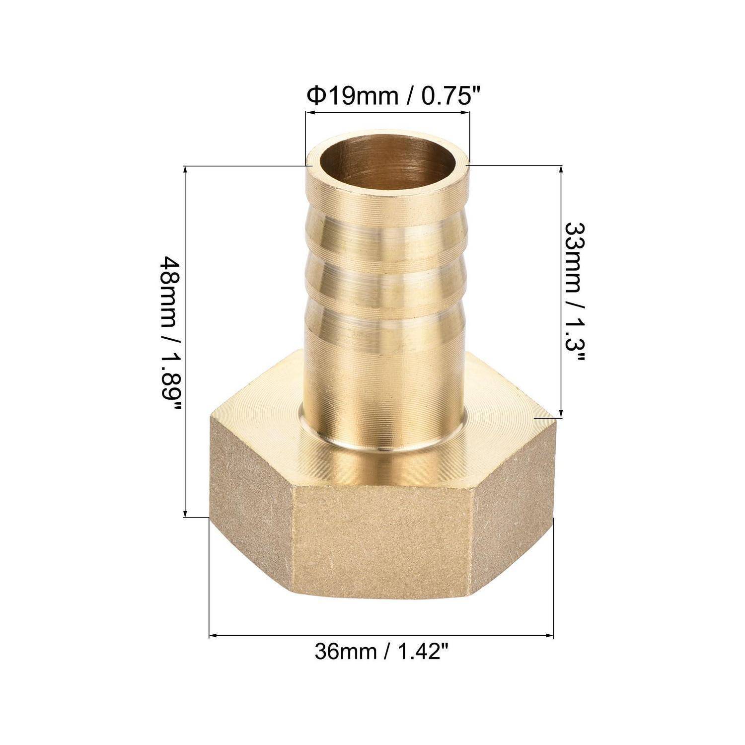 Messing-Schlauchansatzverschraubung mit Sechskantbasis, dargestellt mit Abmessungen: 19mm obere Öffnung, 33mm Schafthöhe, 48mm Gesamthöhe, 36mm Basisbreite.