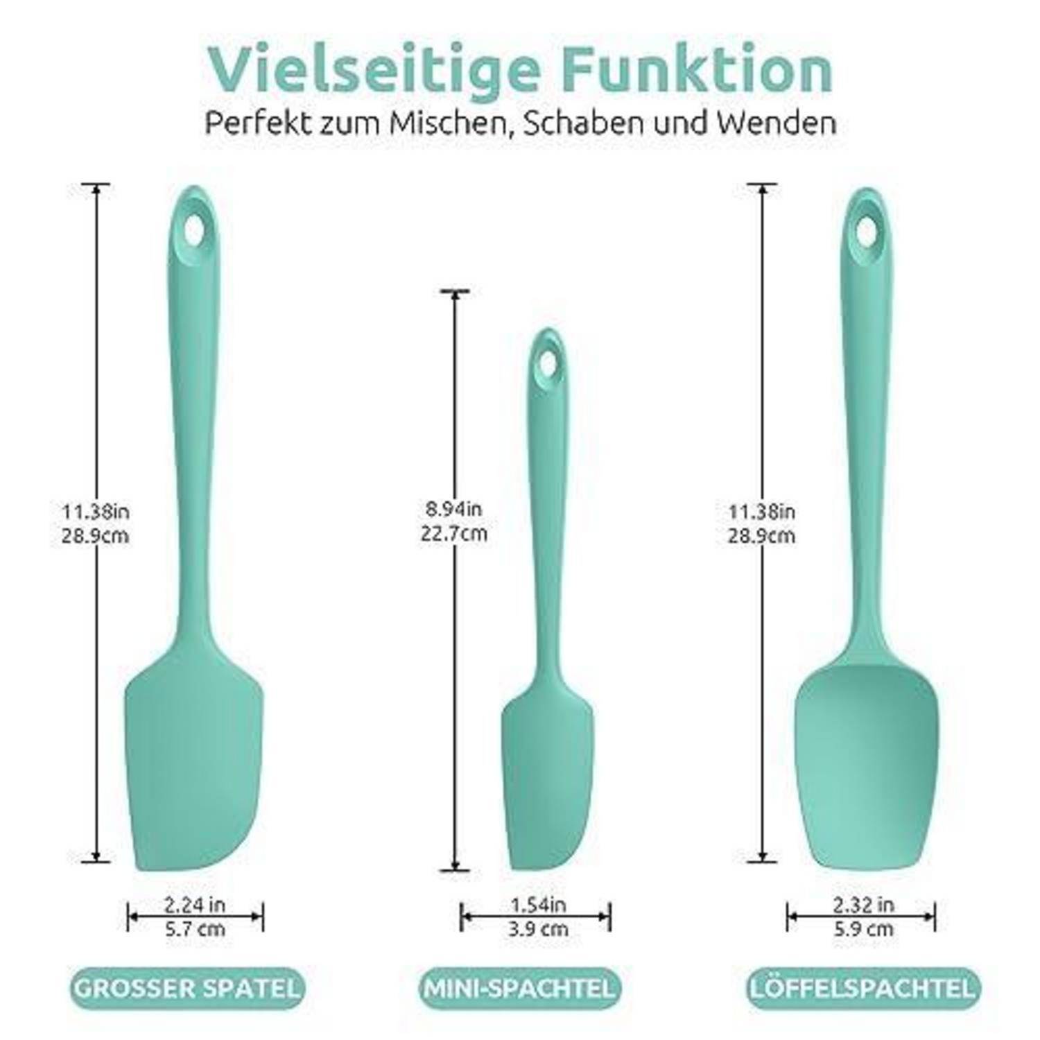 German product graphic showing three mint-green silicone spatulas with dimensions and labels: 'GROSSER SPATEL', 'MINI-SPACHTEL', and 'LÖFFELSPATEL'.