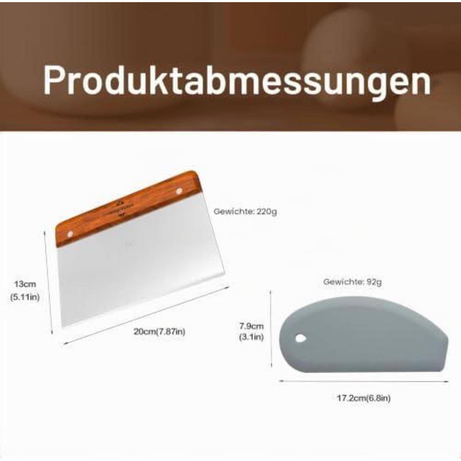 Produktmessdiagramm mit zwei Werkzeugen: ein Schaber mit 20 cm x 13 cm, 220 g, und ein grau gerundetes Werkzeug mit 17,2 cm x 7,9 cm, 92 g.