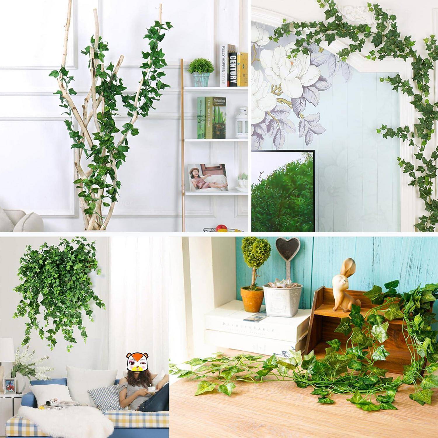 Collage von Innen- und Außendekorationen aus künstlichen Reben und Bllattpflanzen, die zur Verschönerung von Wänden, Regalen und Raumecken in einem Zuhause verwendet werden.
