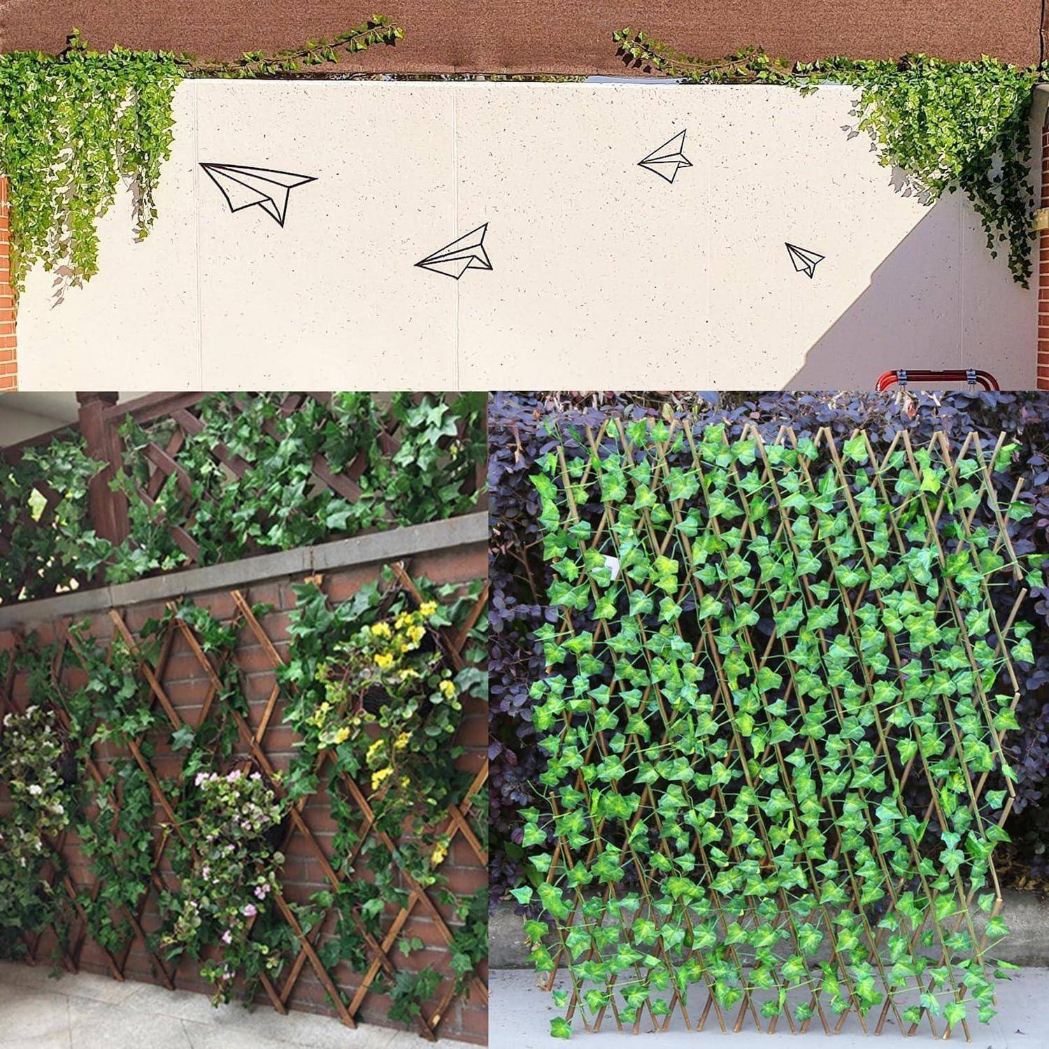 Collage von wandmontierten Pflanzengittern: Papierflugzeug-Zeichnungen auf einer weißen Wand oben und zwei Nahaufnahmen von Gitterstützen mit Kletterpflanzen darunter.
