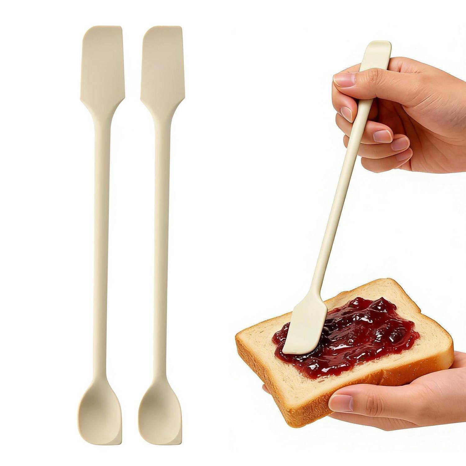 Silikonspachtel mit zwei Enden zum Auftragen von Marmelade auf eine Brotscheibe, gezeigt mit einer Hand, die ihn benutzt, und zwei Farbvarianten, die angezeigt werden.