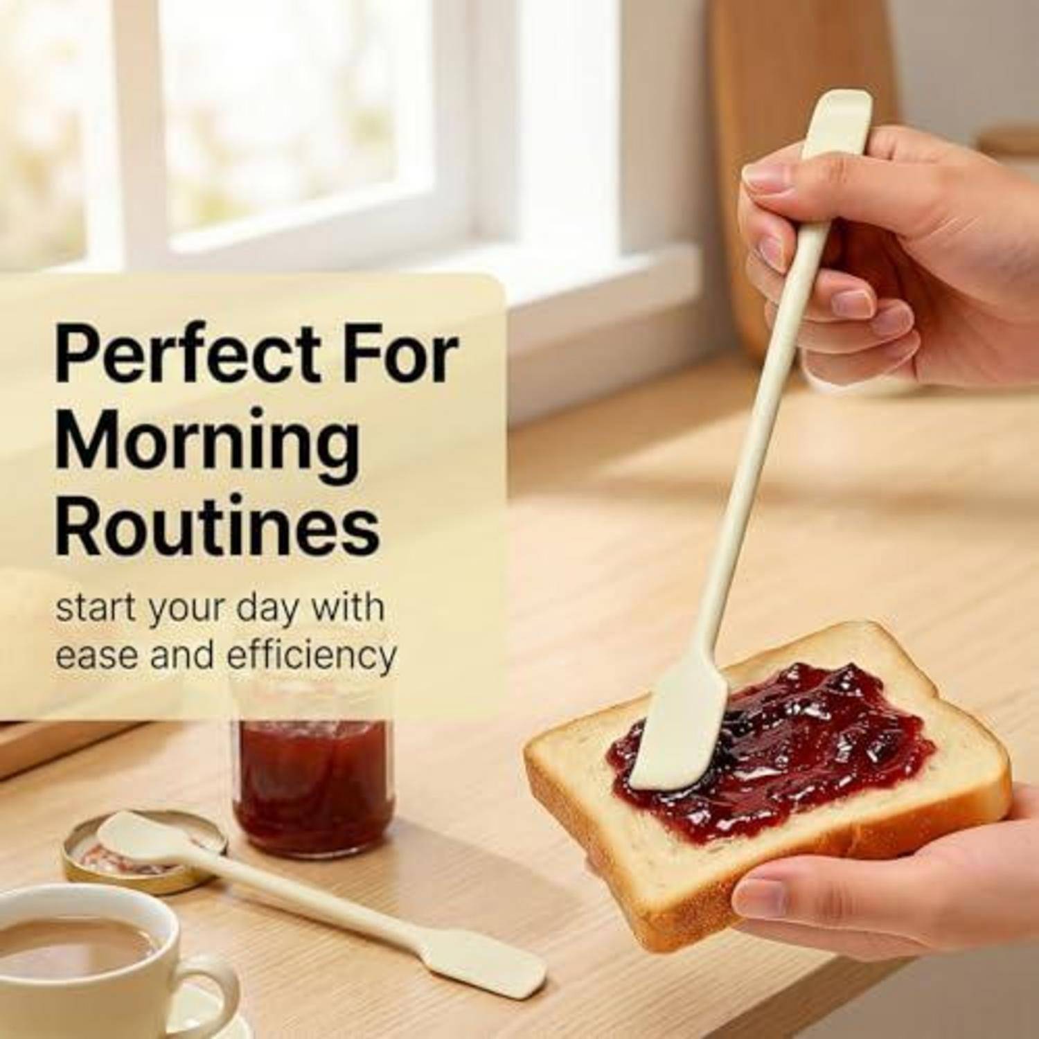 Werbebild mit einer Hand, die Marmelade auf Toast verteilt, neben einer Tasse Kaffee, mit dem Text „Perfekt für Morgenroutinen