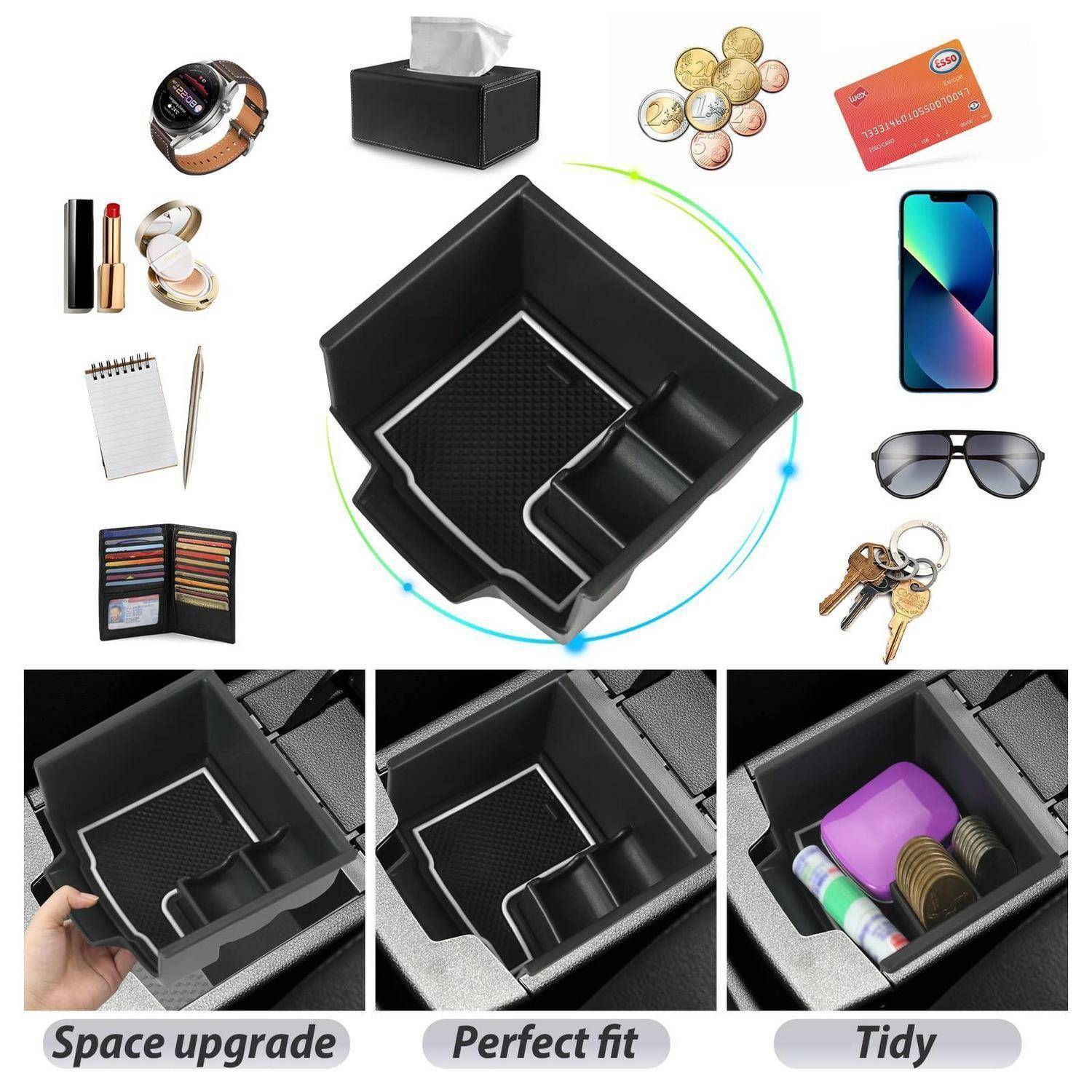 Organizer-Einsatzfach für die Mittelkonsole eines Autos, gezeigt in Verwendung mit Münzen, Telefon, Sonnenbrille und Schlüsseln, wobei die Platzvergrößerung, die perfekte Passform und die ordentliche Aufbewahrung betont werden.