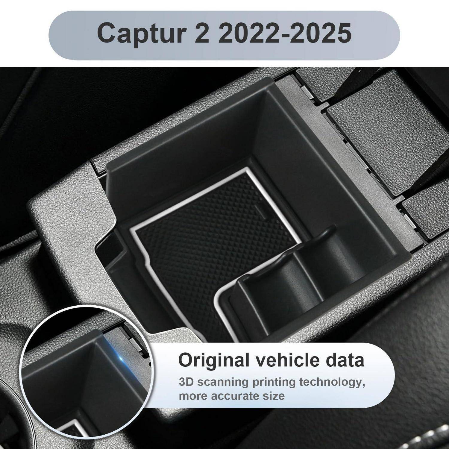 Foto einer Mittelkonsolen-Organizer-Einsatzleiste mit der Bezeichnung „Captur 2 2022-2025", mit einer eingefügten Ansicht der ursprünglichen Fahrzeugspeicherform zum Vergleich der Passform.