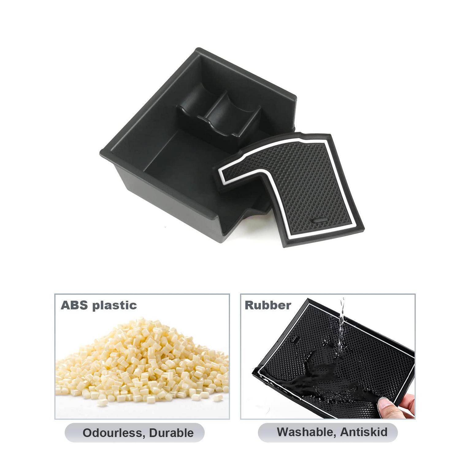Schwarzes ABS-Kunststoff-Autolagerungstablett mit abnehmbarer Gummimatte; Etiketten vermerken „Geruchlos, Langlebig" und „Waschbar, Rutschfest"".