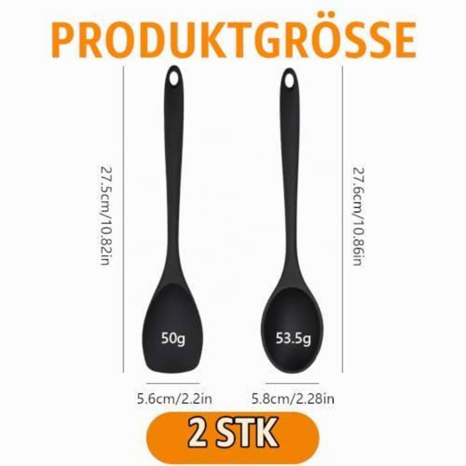 Produktgrößen-Grafik mit zwei schwarzen Löffeln/Spachteln mit den Bezeichnungen „50g