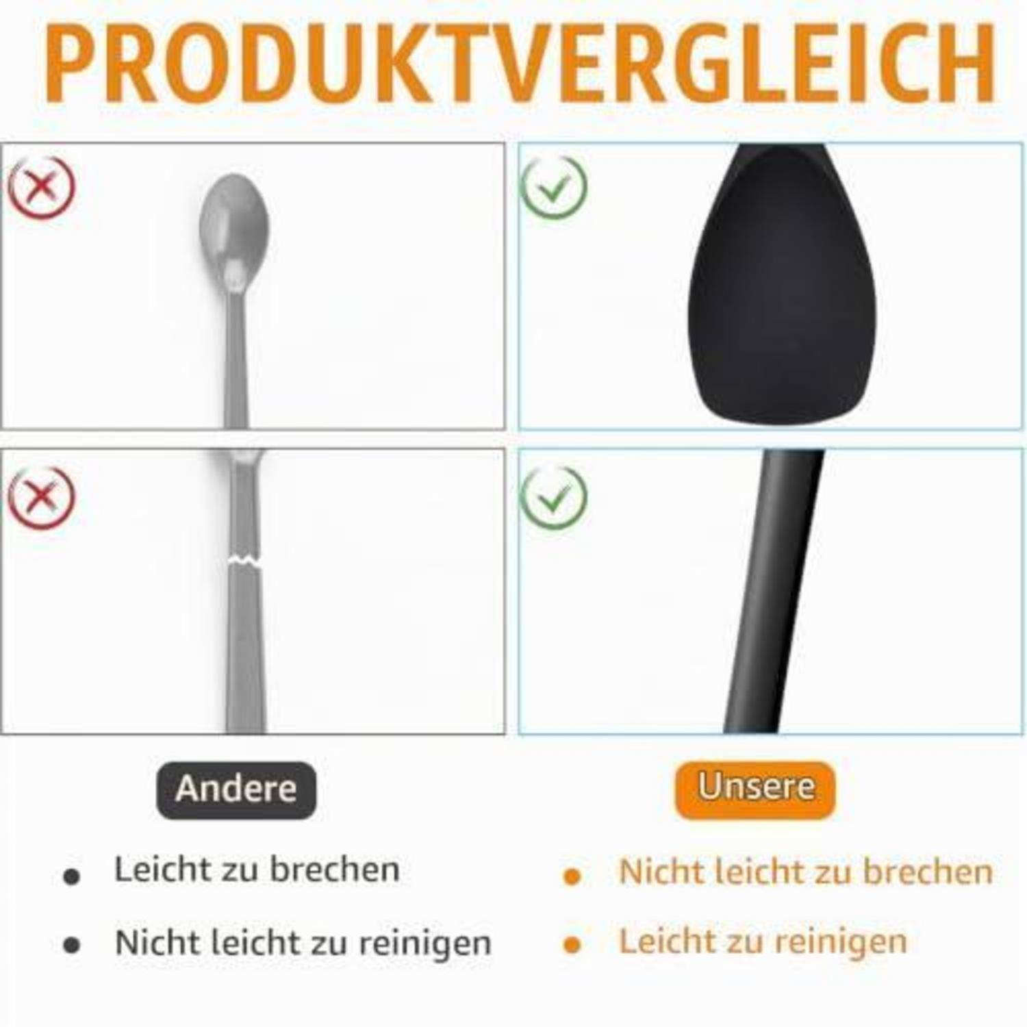 # Deutsche Produktvergleichsgrafik: 'Andere' Küchenwerkzeug ist leicht zu brechen und schwer zu reinigen; 'Unsere' schwarzes Küchenwerkzeug ist langlebig und leicht zu reinigen.