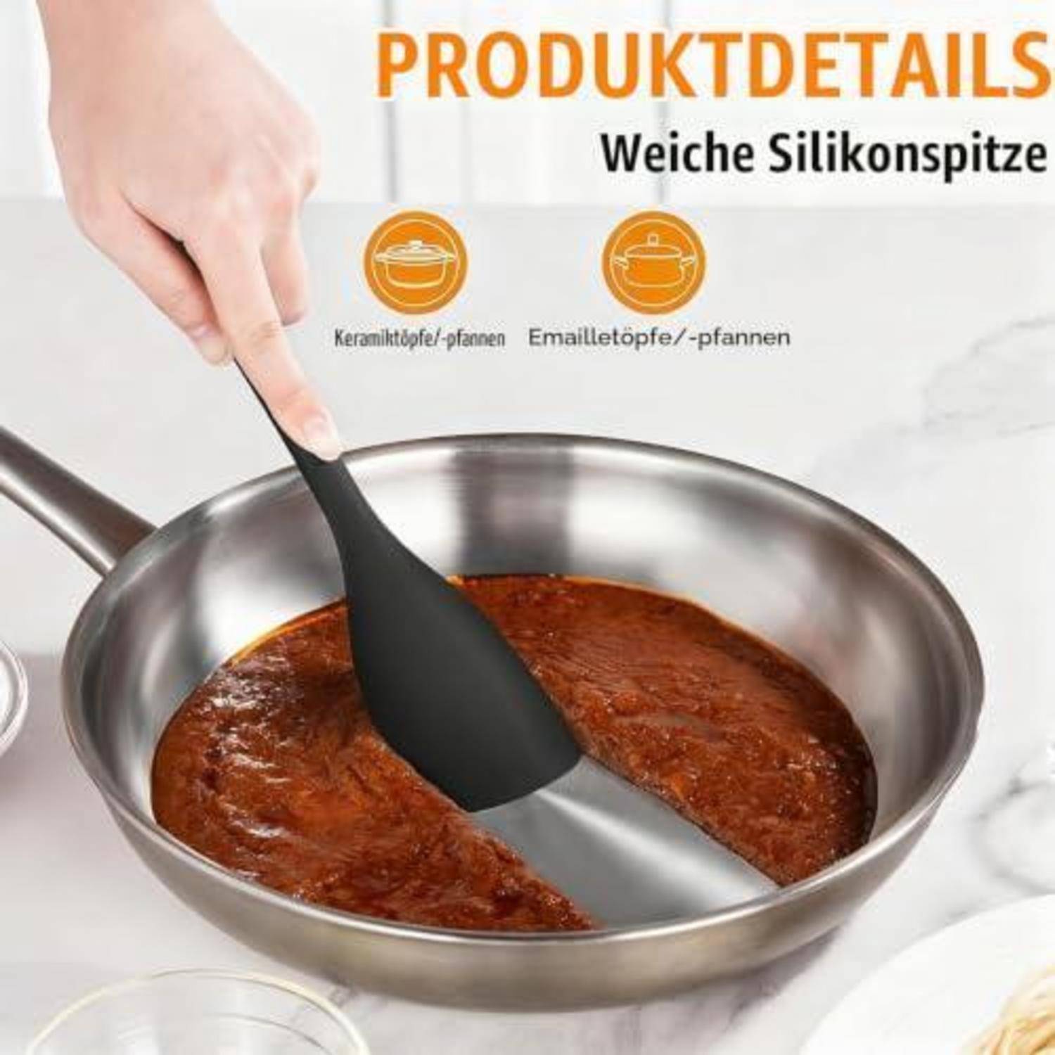 Produktdetailbild, das einen schwarzen Silikonspatel zeigt, der Sauce in einem Edelstahlpfannenrührt; der Text besagt „Produktdetails