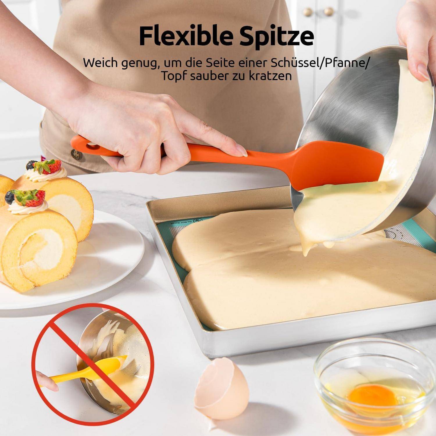 Eine Person verwendet einen orangefarbigen flexiblen Spatel, um Teig aus einer Schüssel in eine Backform zu kratzen; der Text lautet „Flexible Spitze