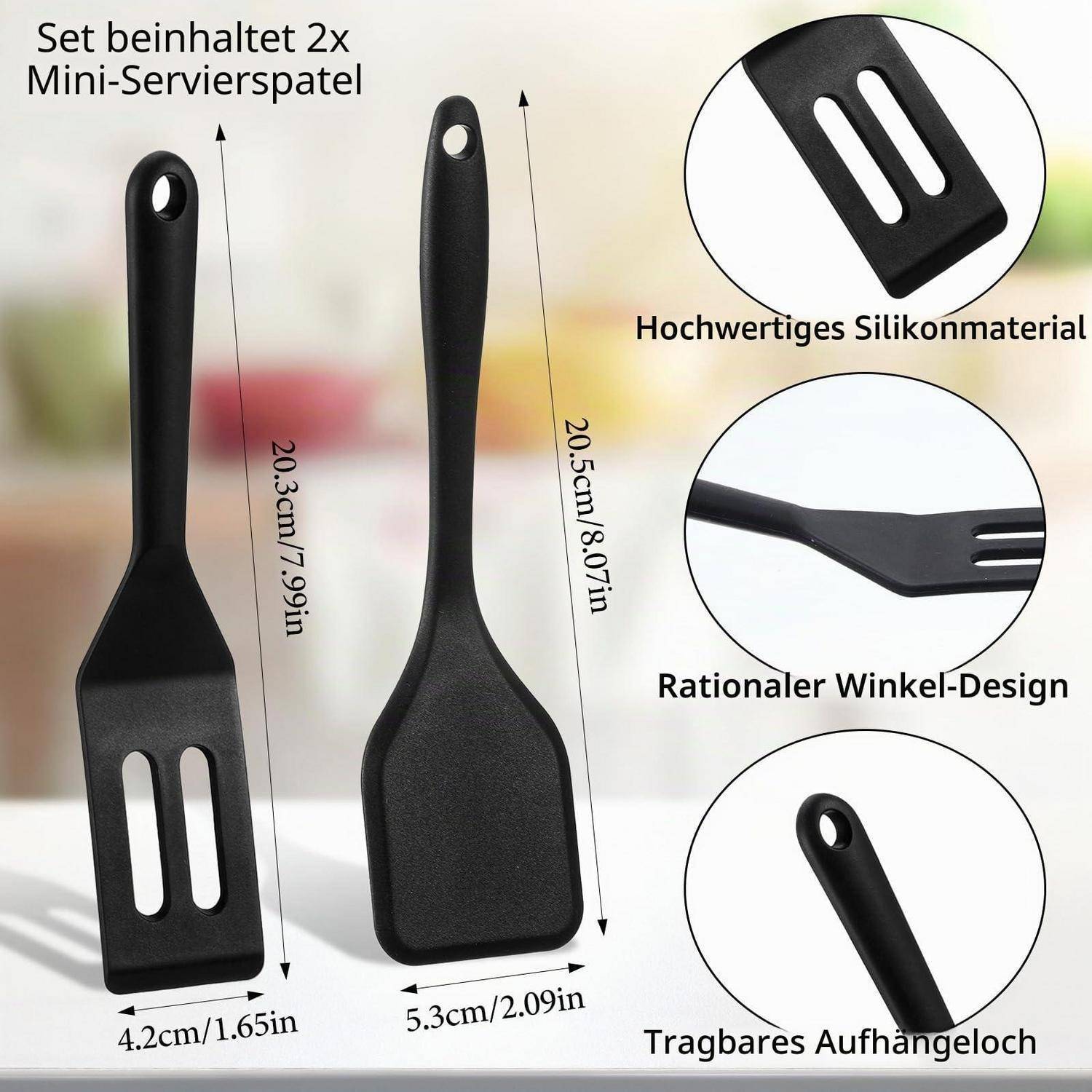 Produktbild eines Sets aus 2 schwarzen Mini-Servierspachteln, das Größenmessungen, Silikonmaterial, abgewinkeltes Design und Aufhängeloch zeigt.