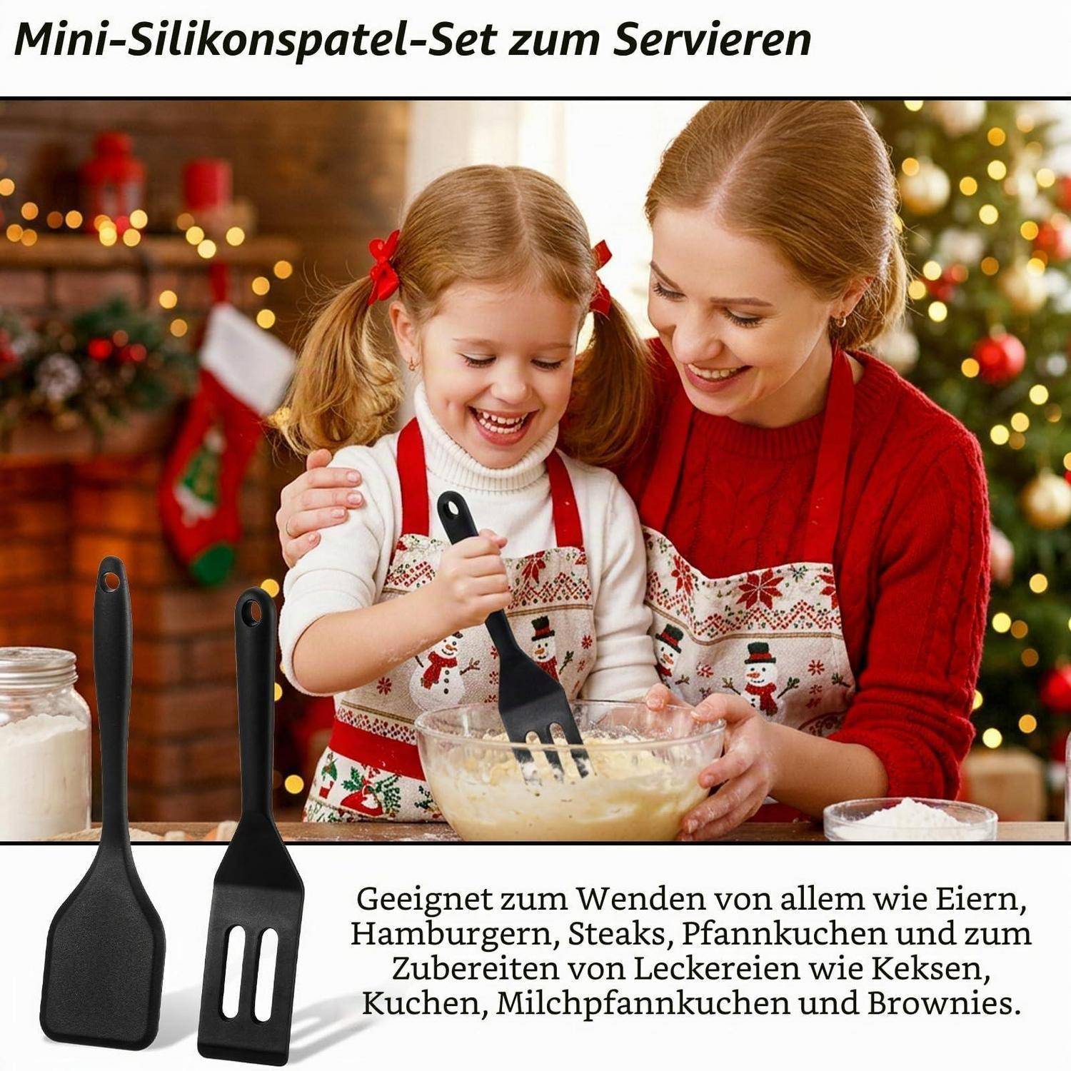Mutter und Kind backen gemeinsam in einer festlichen Küche und halten eine Rührschüssel mit zwei schwarzen Silikonspachteln; deutscher Text wirbt für ein Mini-Silikonspachtel-Set zum Servieren und Kochen.