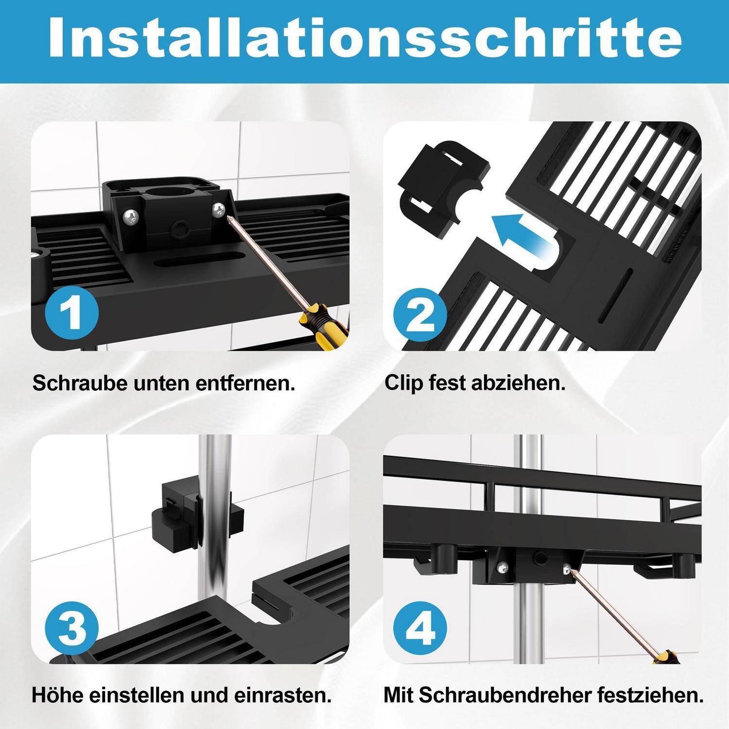 Untere Schraube entfernen, Clip abnehmen, Höhe einstellen und verriegeln, dann mit Schraubendreher festziehen.