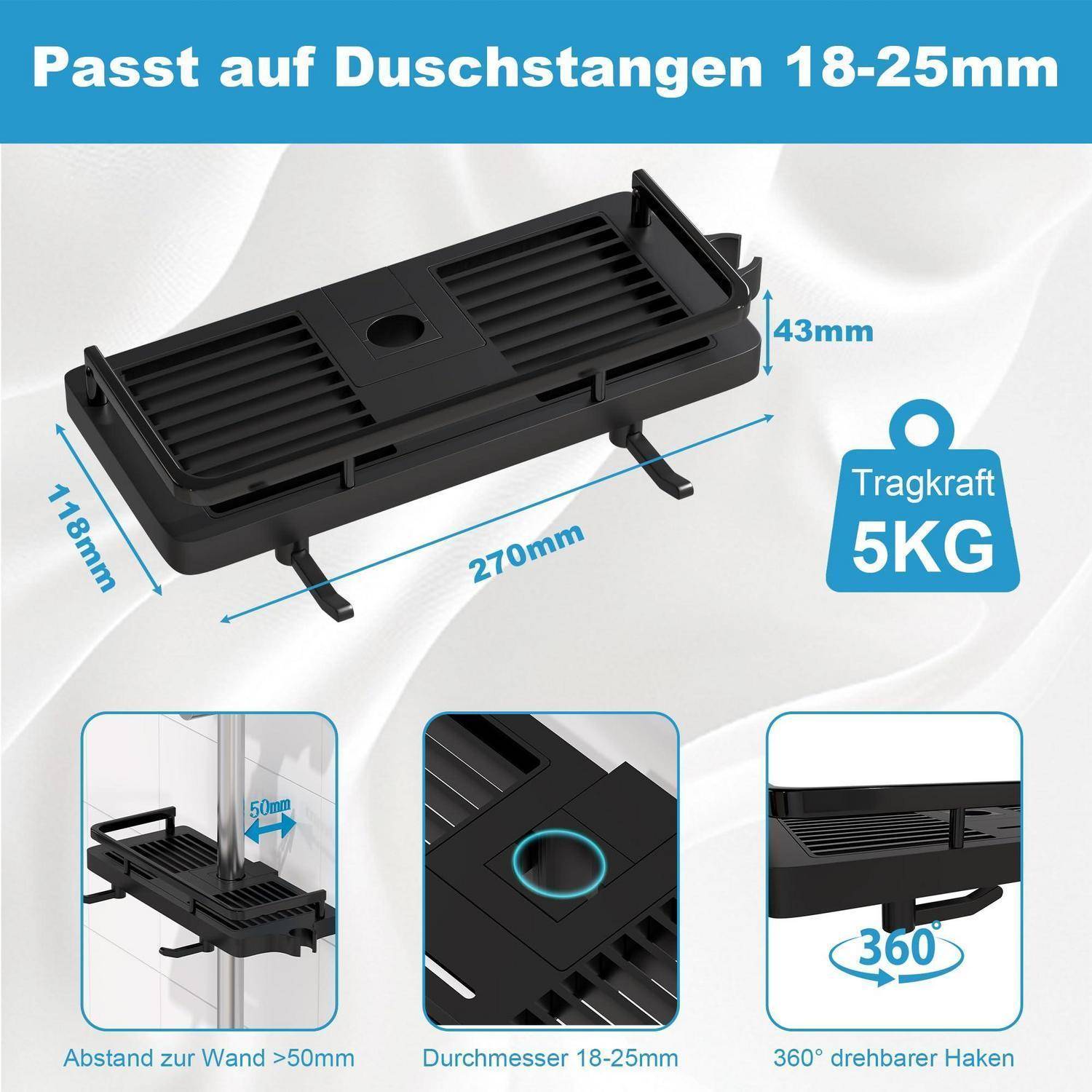 Schwarzer verstellbarer Duschvorhangstangenhalter mit Haken, gekennzeichnet für 18–25 mm Stangen, 5 kg Tragfähigkeit, 270 mm lang, 118 mm breit, 43 mm hoch, 360° drehbare Haken und >50 mm Wandabstand.