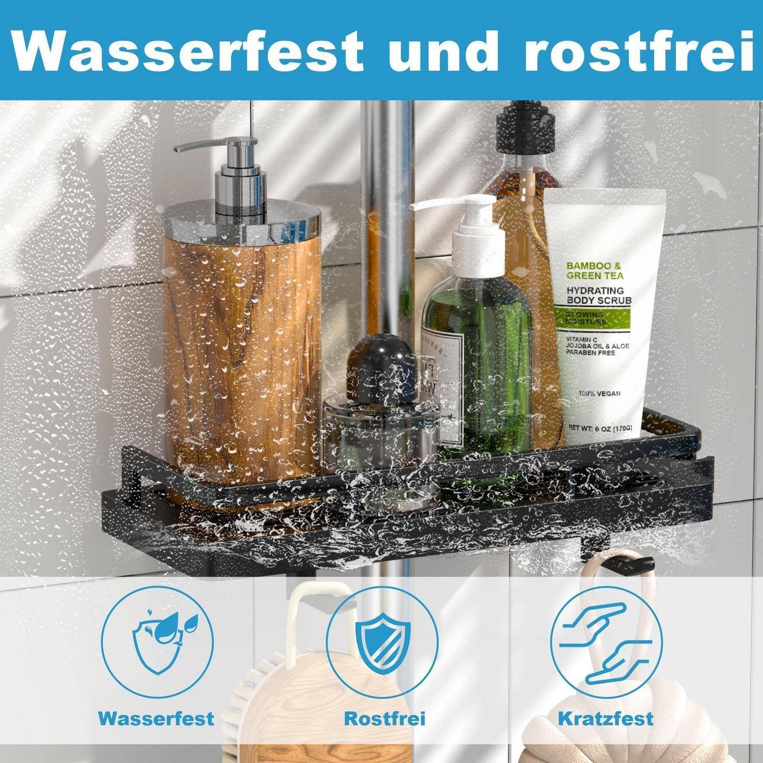 Badezimmerregal mit Duschprodukten, bespritzt mit Wasser, bewirbt eine „wasserdichte, rostfreie, kratzfeste" Oberfläche.