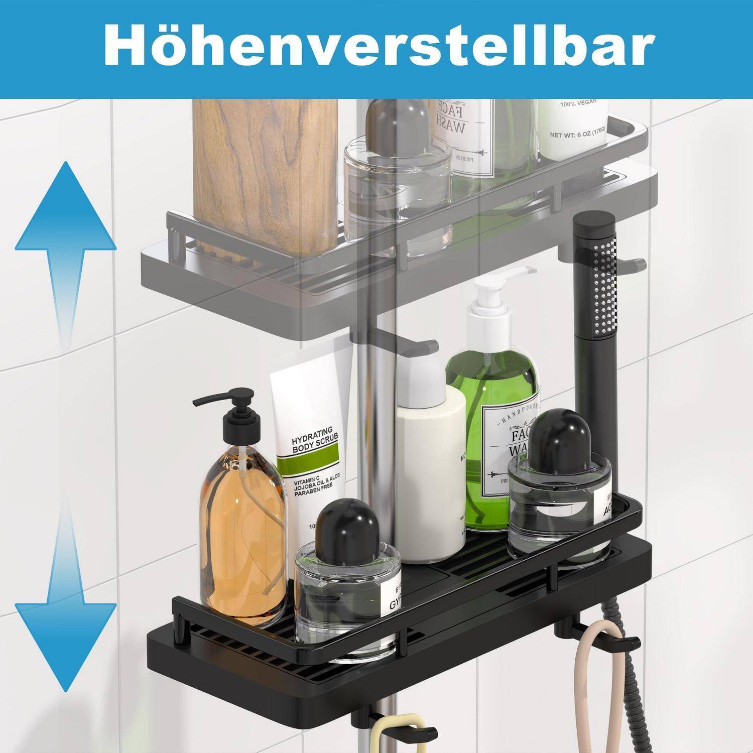 Verstellbares Dusch-Regal in angehobener und abgesenkter Position, mit Regalen, die Flaschen halten, und hängenden Dusch-Zubehörteilen.