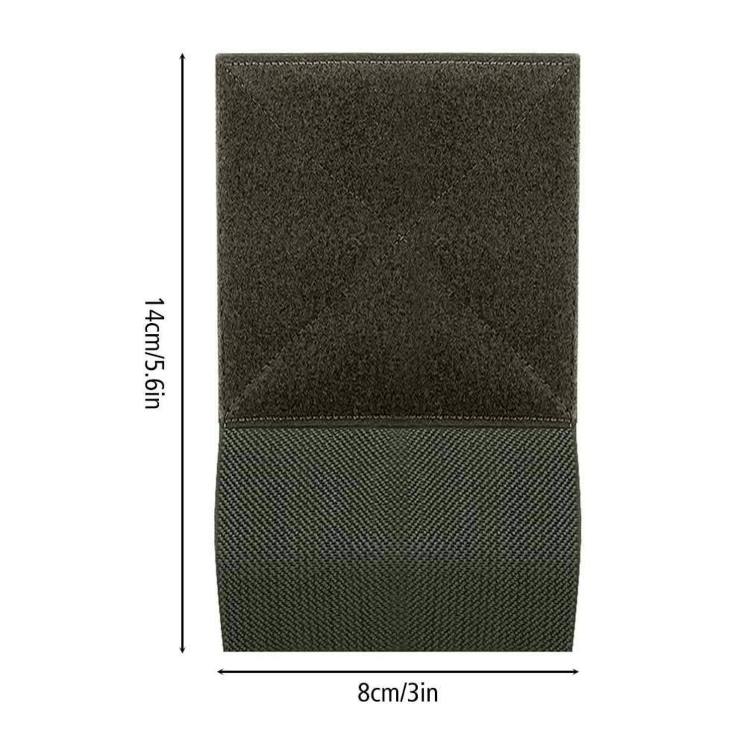 Schwarze rechteckige Stofftasche oder Hülle, beschriftet mit 14 cm Höhe und 8 cm Breite.
