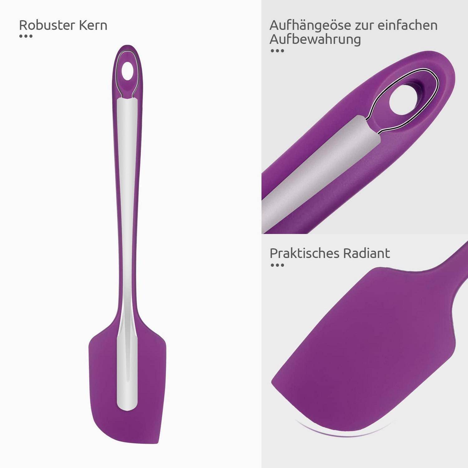 Violetter Silikonspatel mit Edelstahlkern, in voller Länge und in Nahaufnahme gezeigt, um das langlebige Griffloch und den flexiblen Kopf hervorzuheben.