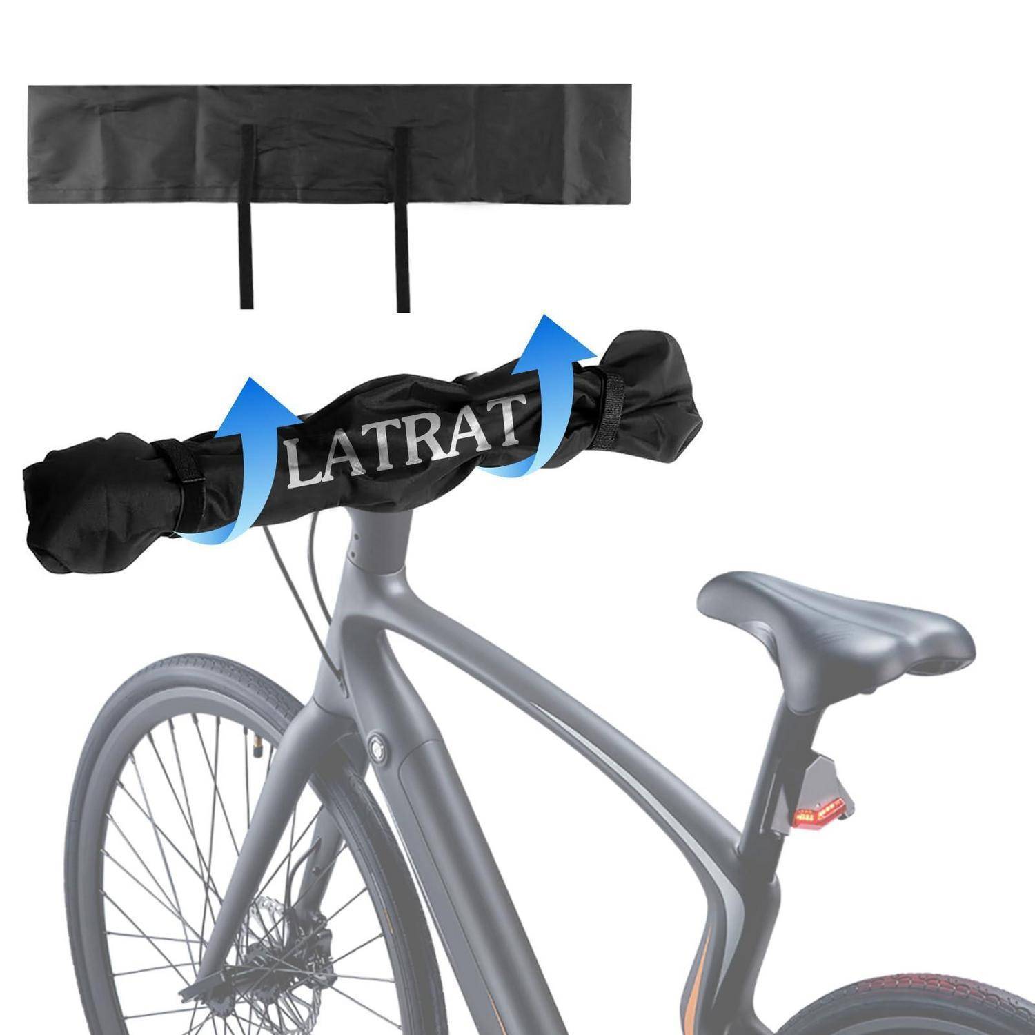 Fahrradlenker, der in einer schwarzen gepolsterten Tasche eingewickelt ist, mit Pfeilen, die zeigen, dass er am mittleren Riemen angehoben oder getragen werden kann.