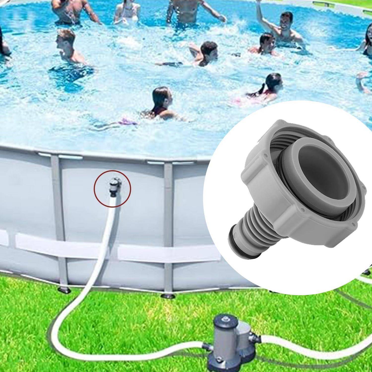 Aufblasbarer oberirdischer Pool mit Badegästen, der einen Schlauch und eine Pumpe zeigt, die mit einem Seitenablauf-/Filteradapter verbunden sind.