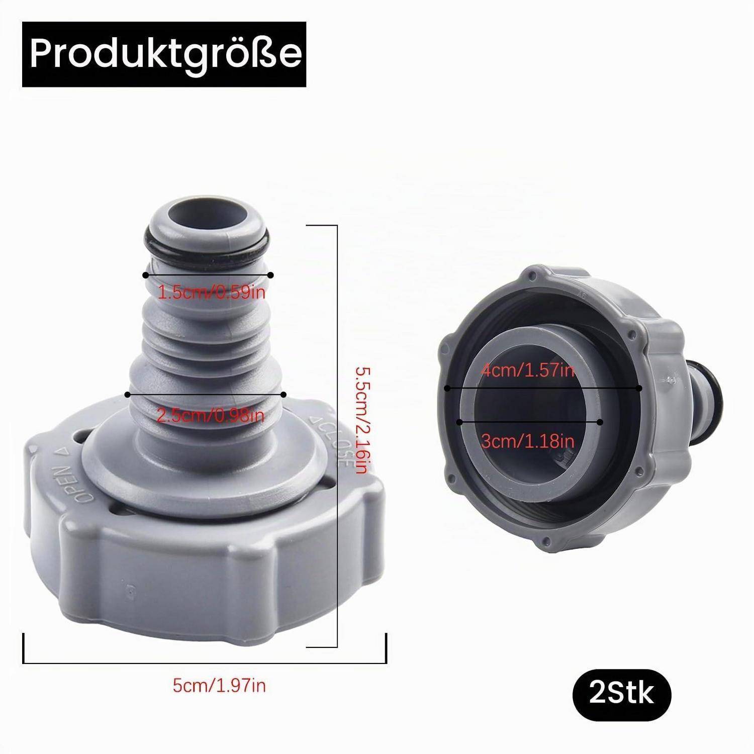 Produktgrößendiagramm, das einen grauen Stecker mit Abmessungen zeigt: 5 cm breit, 5,5 cm hoch, 4 cm Öffnung, 3 cm innere Öffnung; Menge 2 Stück.