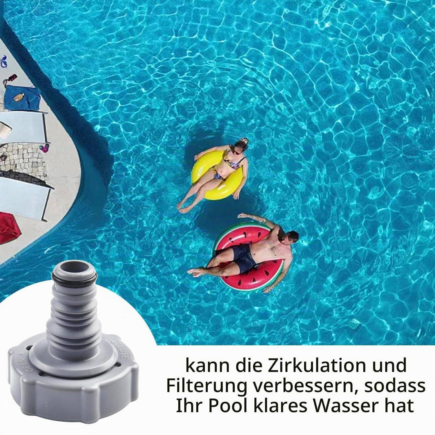 Zwei Personen treiben in einem Schwimmbecken auf aufblasbaren Ringen; ein Ausschnitt zeigt einen Poolfilter-Anschluss mit deutschem Text zur Verbesserung der Zirkulation und Filtration für klares Wasser.