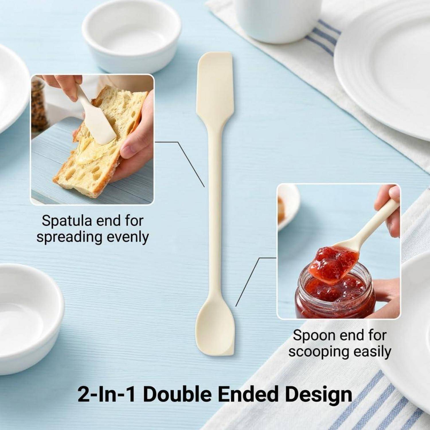 Infografik eines 2-in-1-Doppelend-Utensils: Das Spachtelende verteilt gleichmäßig und das Löffelende schöpft mühelos.