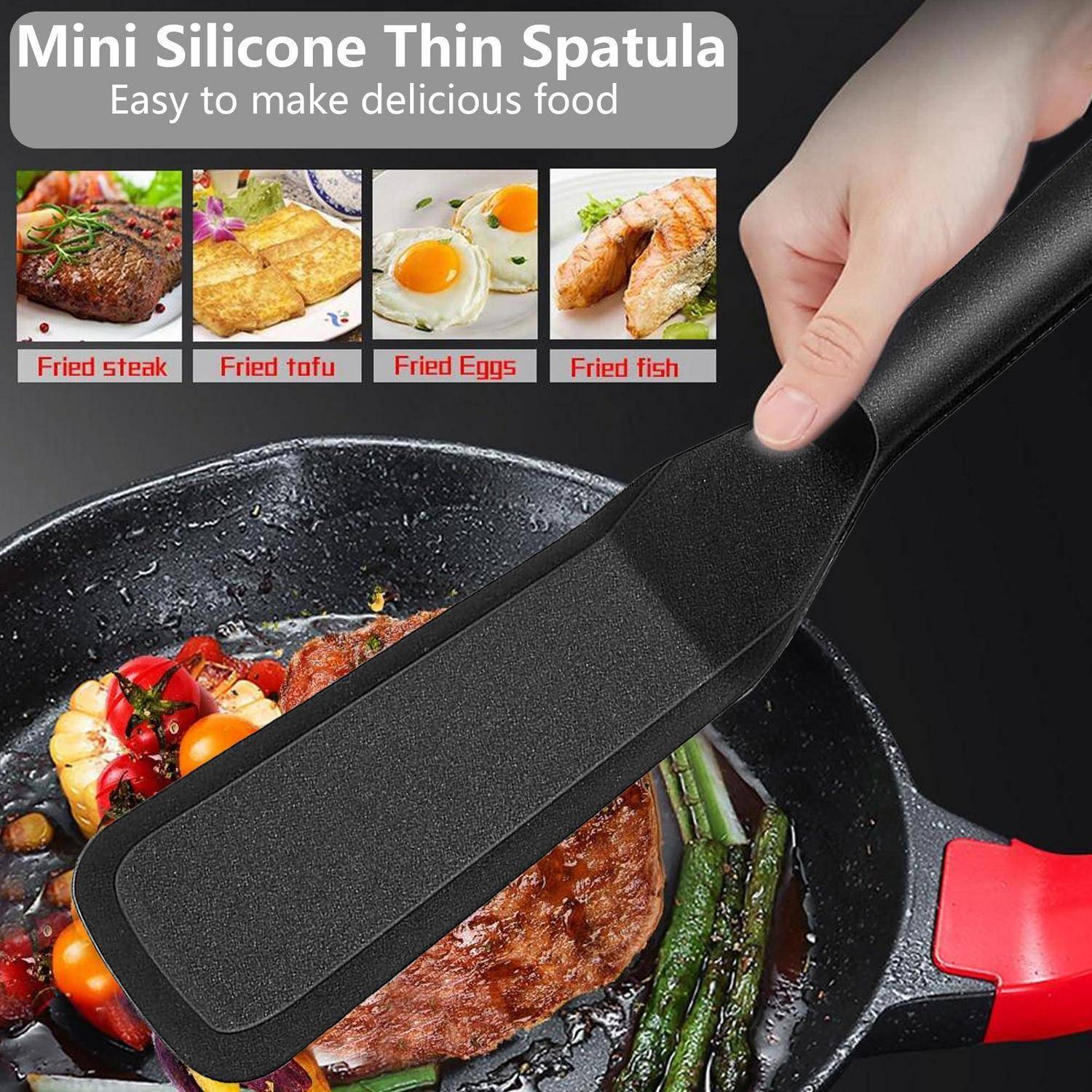 Hand hält einen schwarzen, dünnen Mini-Silikonspatel über eine Pfanne mit Steak und Gemüse; der Produktanzeigentext besagt „Mini-Silikonspatel dünn
