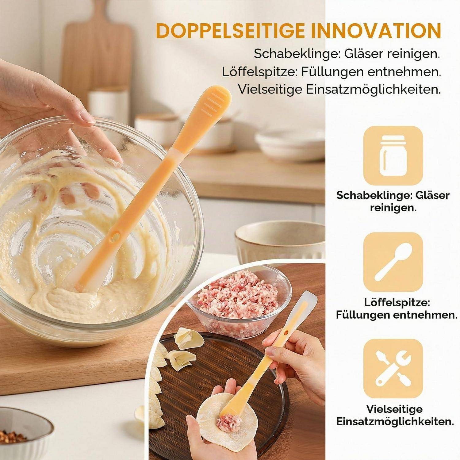 Werbegrafik zeigt ein flexibles Löffel-ähnliches Küchengerät, das Teig mischt, Glaskanten reinigt und Füllungen portioniert; Text besagt „Doppelseitige Innovation