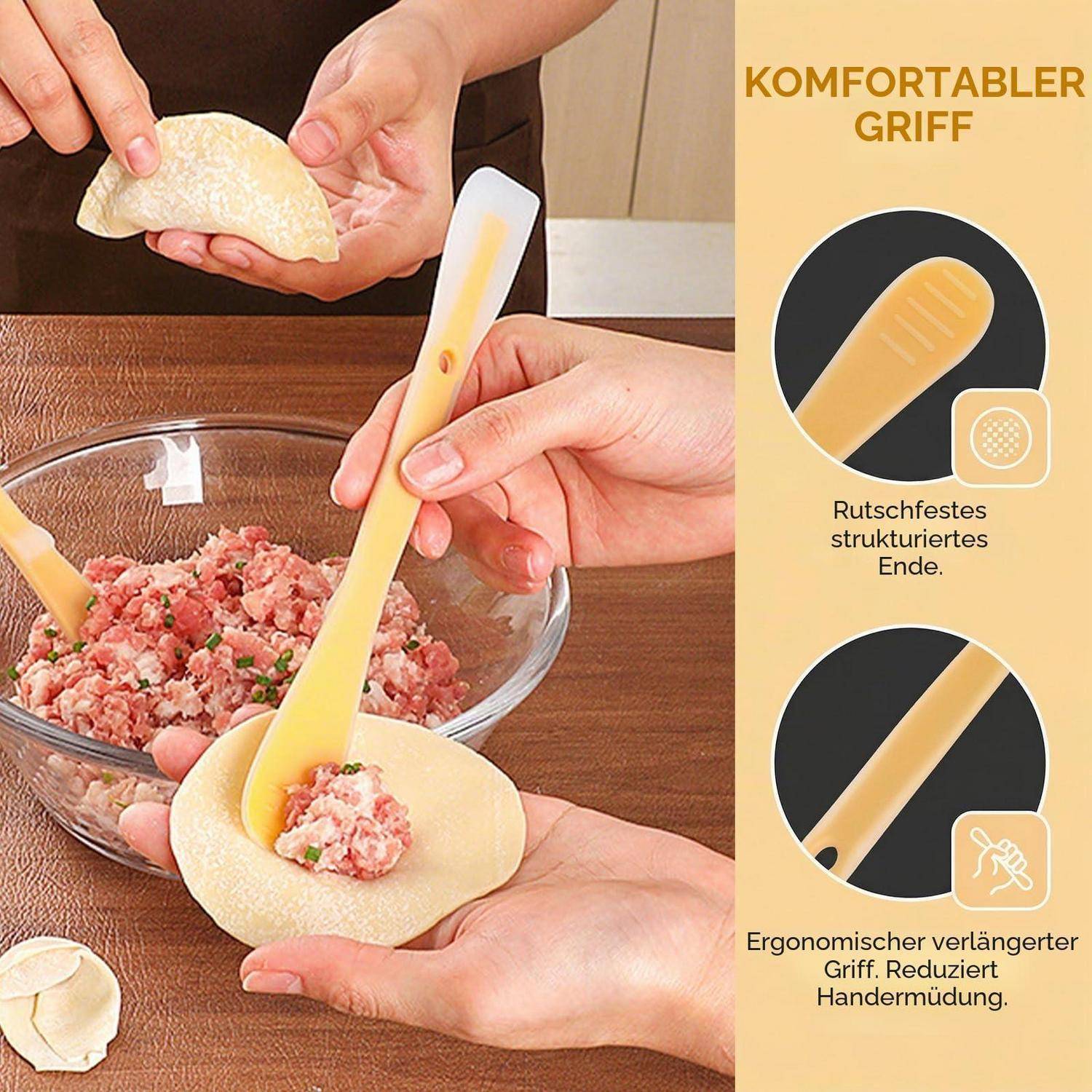 Hände füllen Teigtaschen mit Fleischfüllung; eine Infografik hebt einen bequemen, rutschfesten, verlängerten Griff hervor, der Handermüdung reduziert.
