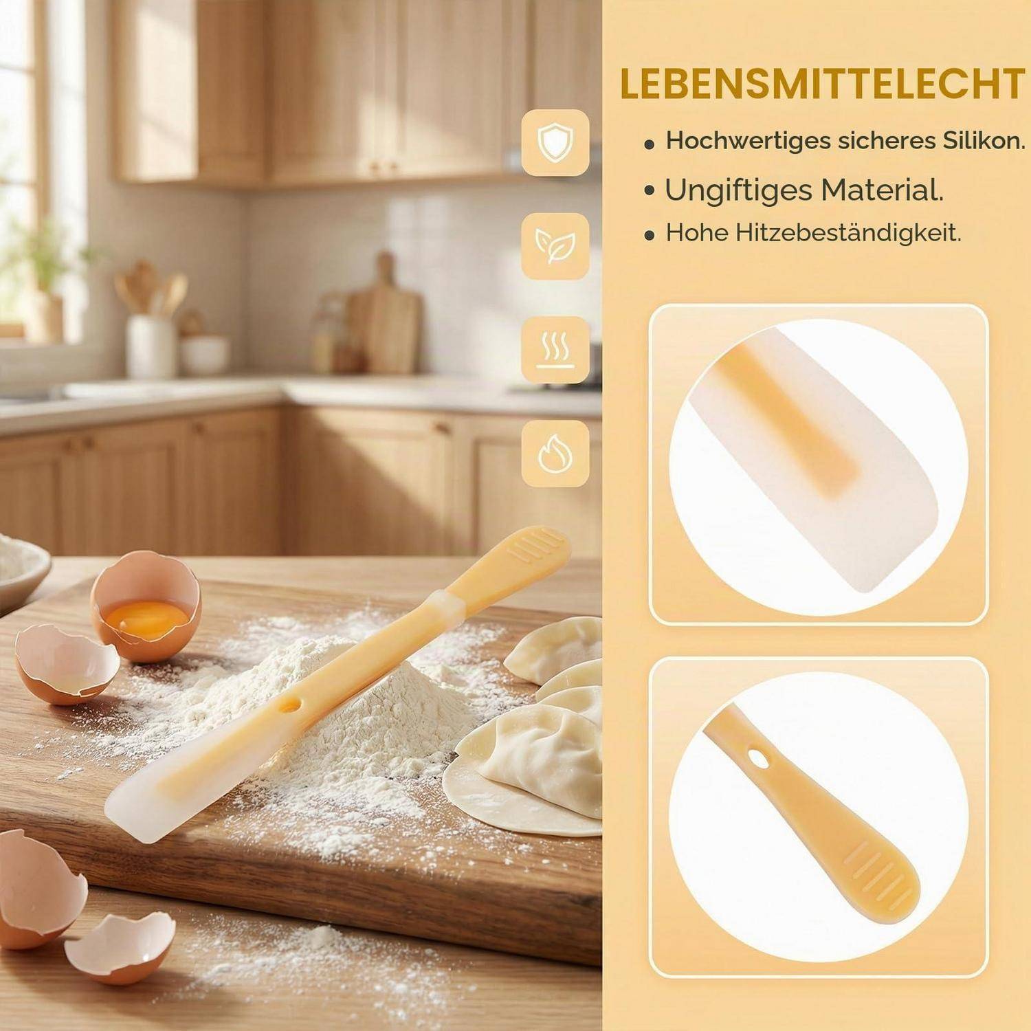 Küchenszene mit einem Silikonspatel auf mehliger Teig und Eierschalen; rechtes Feld zeigt „LEBENSMITTELECHT