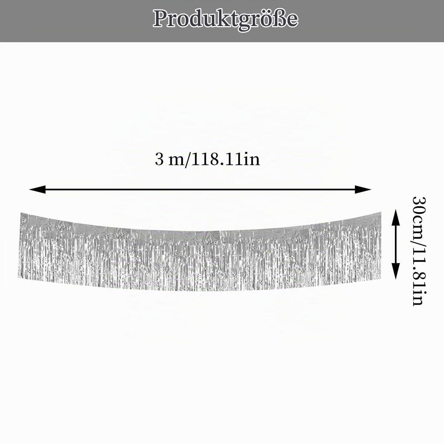 Größendiagramm eines silbernen Fransen-Banners, gekennzeichnet mit 3 m/118,11 in Breite und 30 cm/11,81 in Höhe.