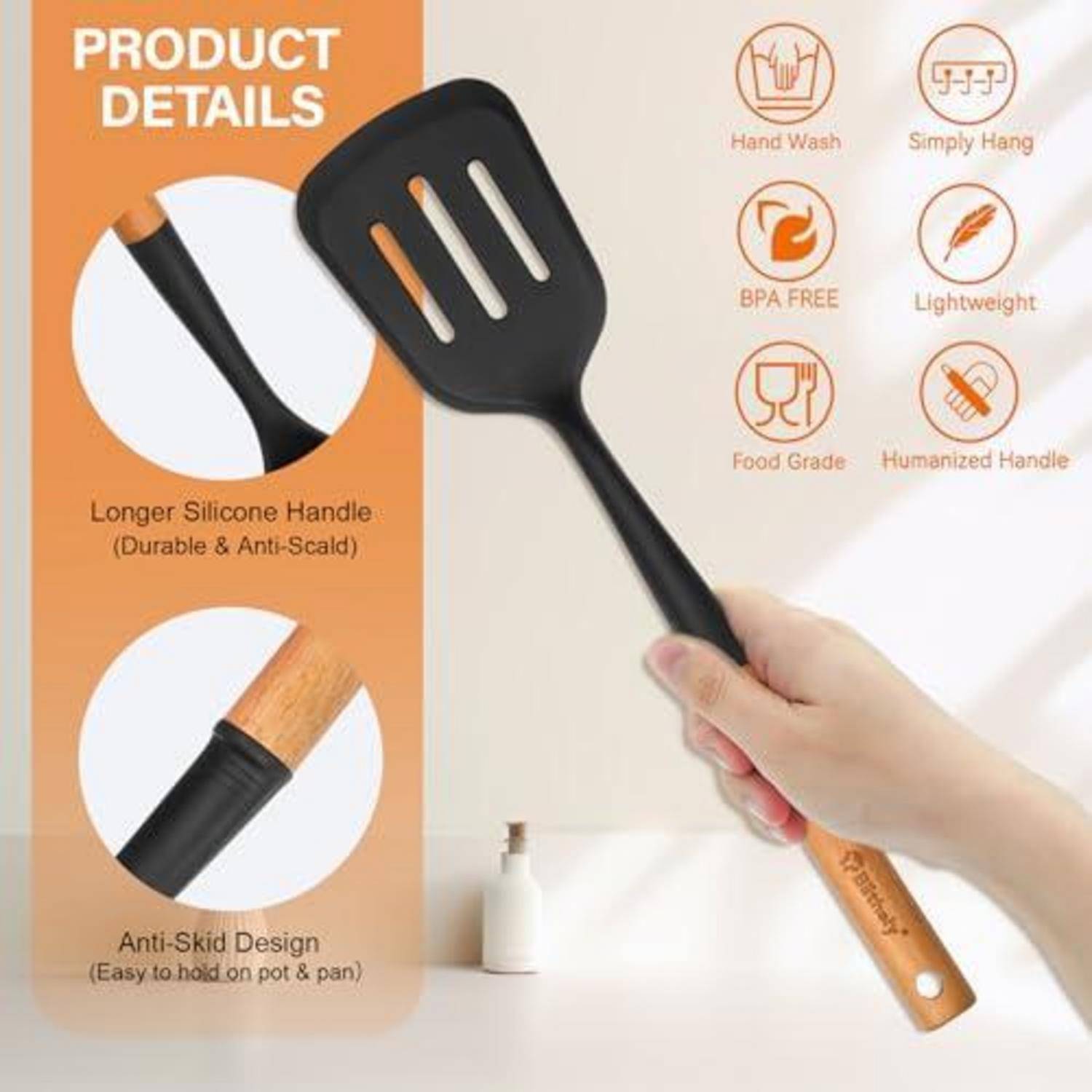 Produktdetails für einen Schaber mit Schlitzen, langem Silikongriff, rutschfestem Design und Holzgriff; Symbole kennzeichnen Handwäsche, BPA-frei, Lebensmittelqualität, leicht und Aufhängevorrichtung.
