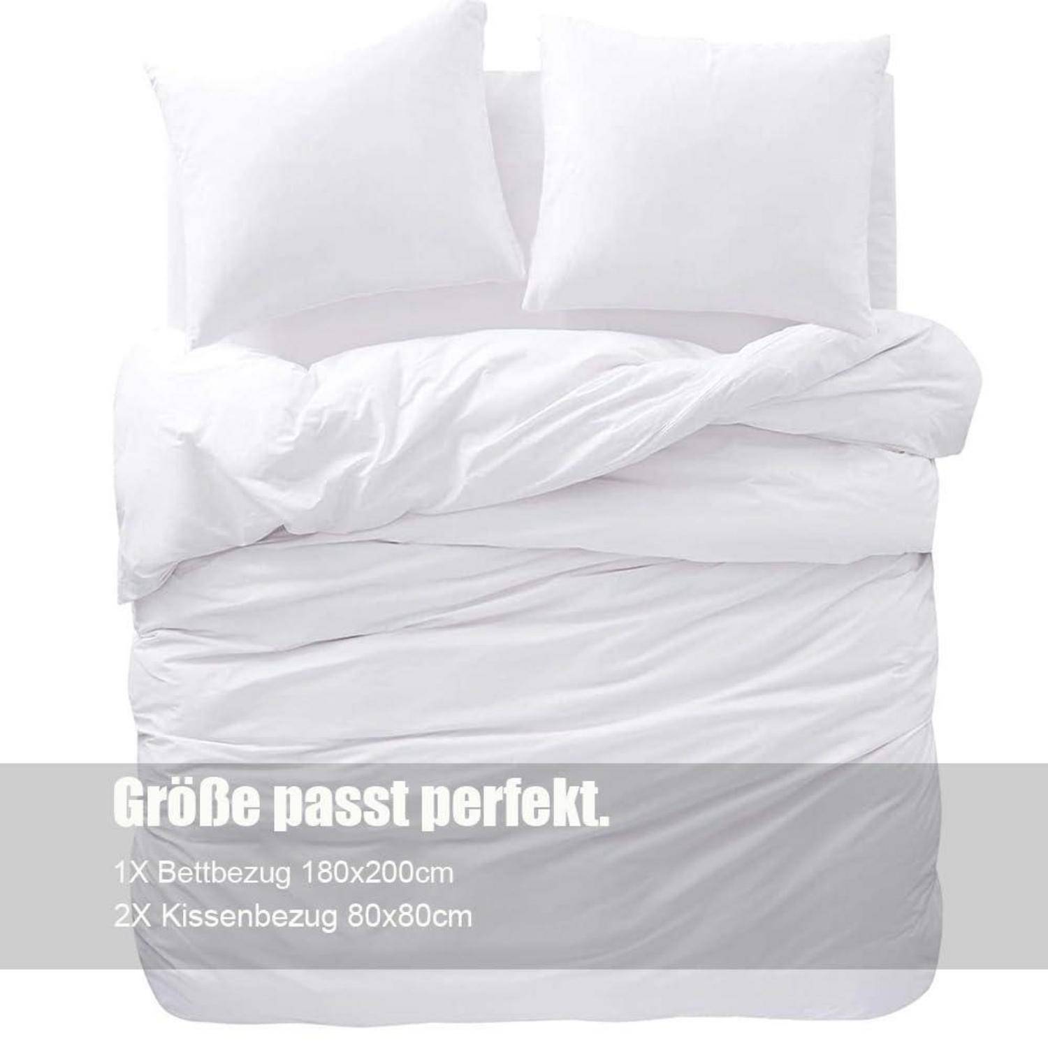 Weiße Bettwäsche wird mit zwei Kissen und Bettdecke gezeigt; Text sagt „Größe passt perfekt", 1x Bettbezug 180x200cm, 2x Kissenbezug 80x80cm.