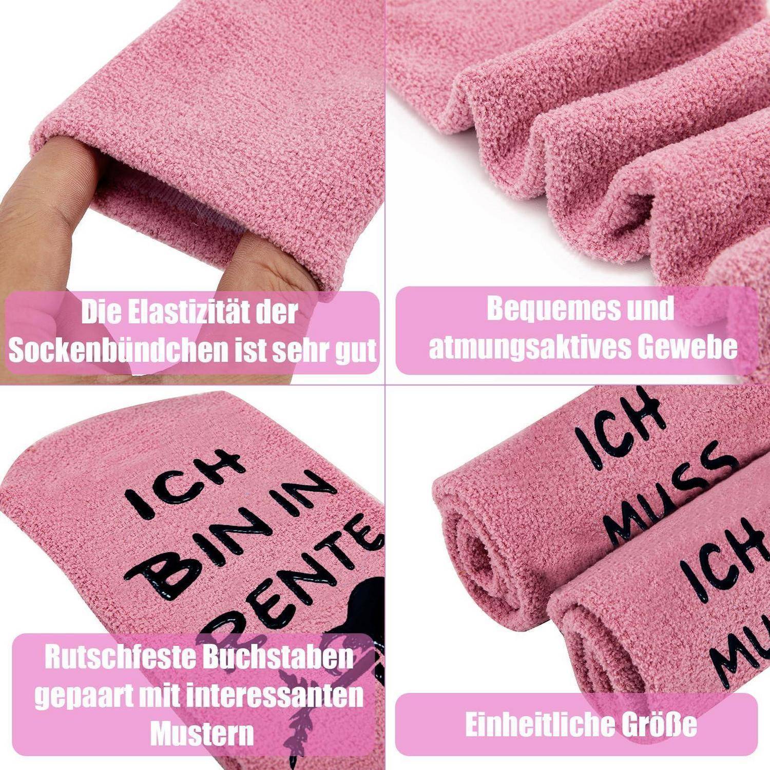 Collage von rosa Socken mit dehnbaren Bündchen, atmungsaktivem Stoff, rutschfesten Buchstaben und Universalgröße, mit deutschem Werbungstext.