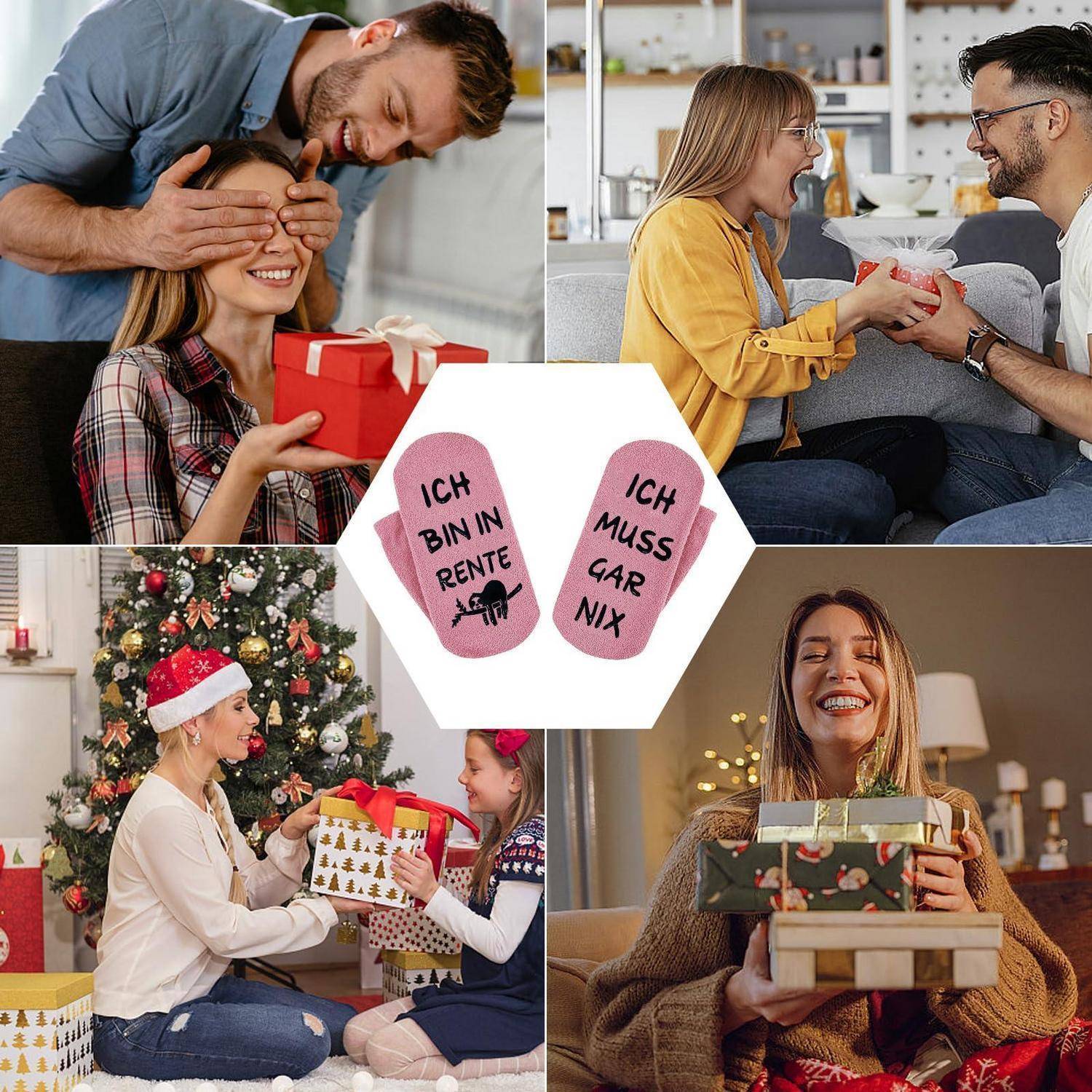 Collage von Personen, die sich zu Hause zu Weihnachten Geschenke geben, und ein zentrales Bild mit rosa Etiketten mit der Aufschrift „ICH BIN IN RENTE" und „ICH MUSS GAR NIX"".