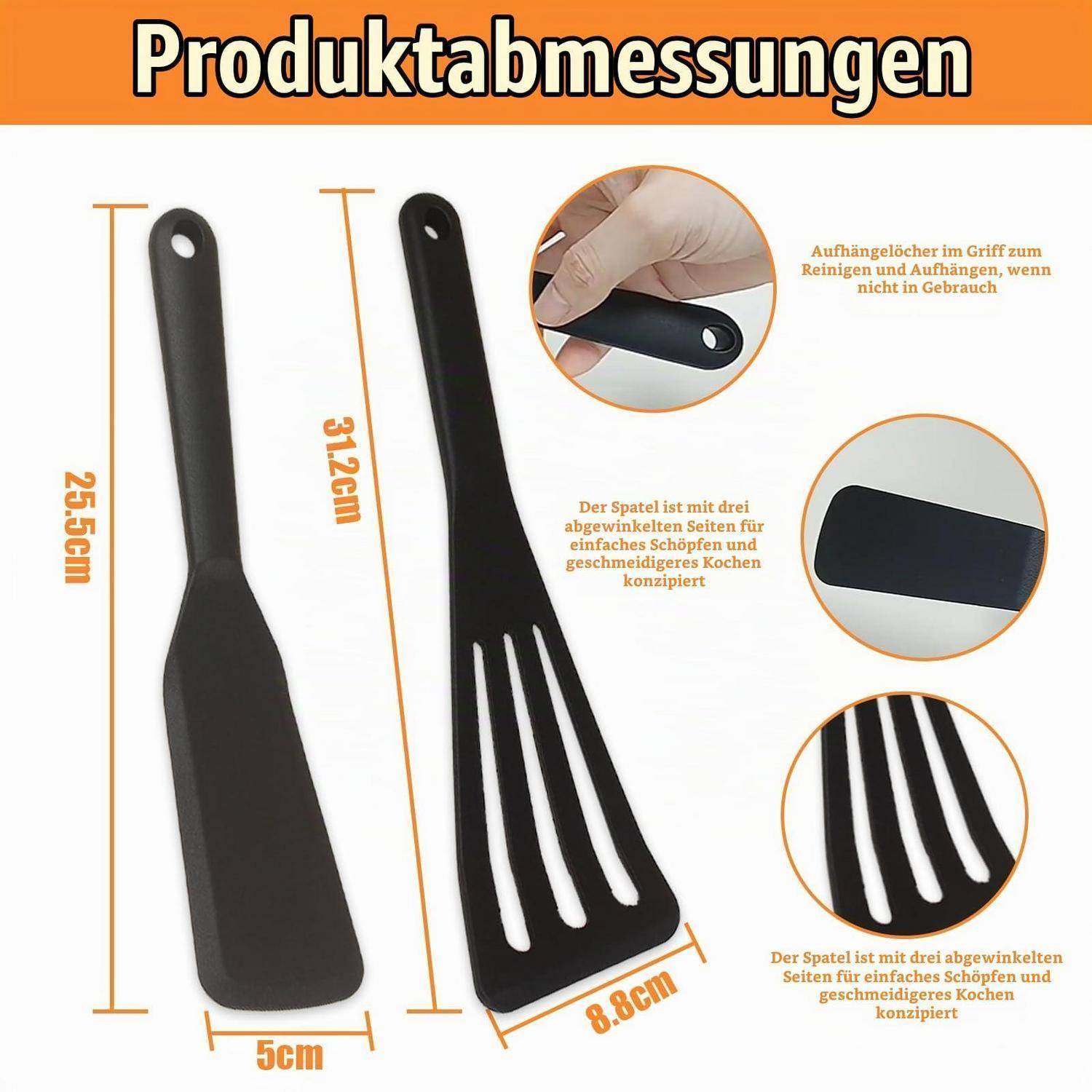 Produktmessdiagramm für einen schwarzen Kochheber, zeigt 31,2 cm Länge und 8 cm Breite, mit einem Aufhängeloch und geschlitztem, abgewinkeltem Kopf.