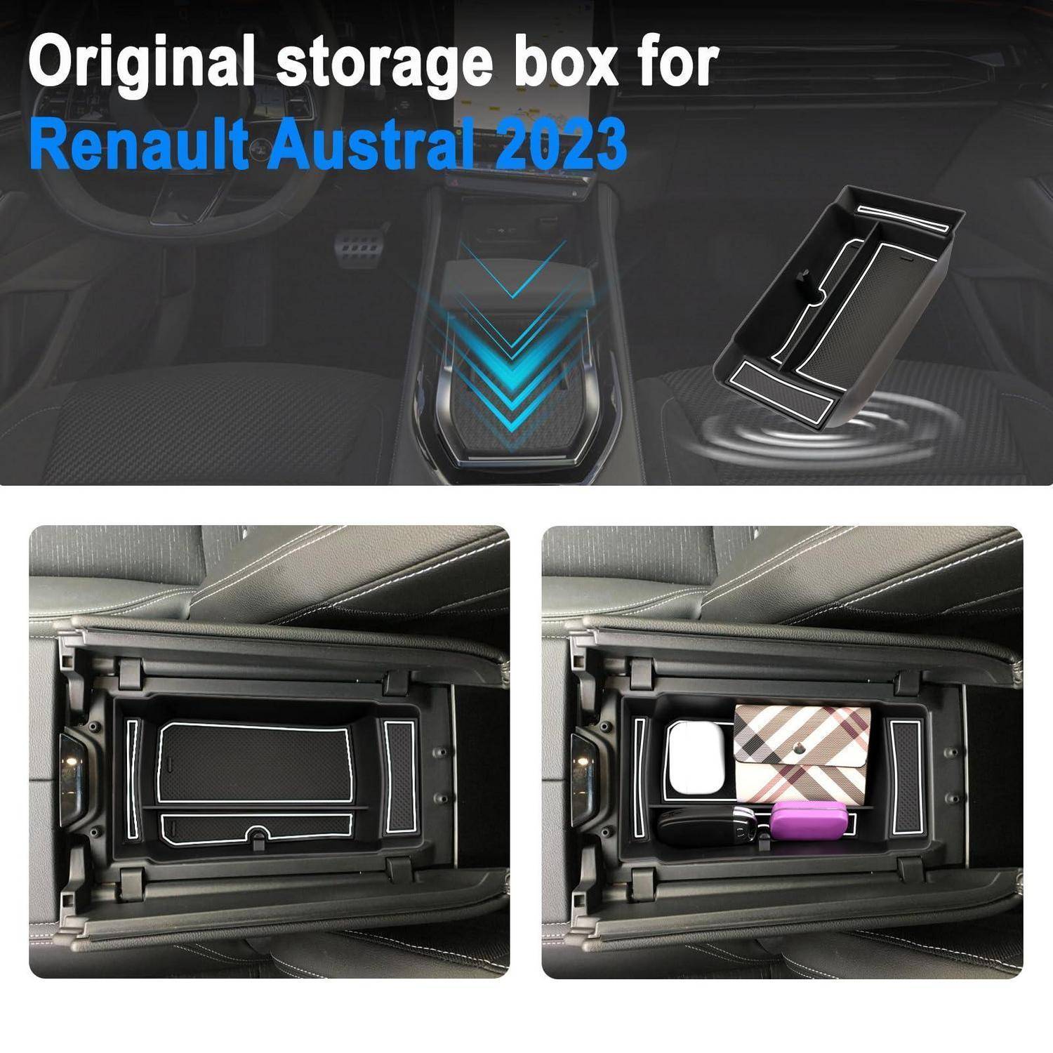 Aufbewahrungsbox für Renault Austral 2023 Mittelkonsole, geschlossen und offen dargestellt mit kleinen Gegenständen.