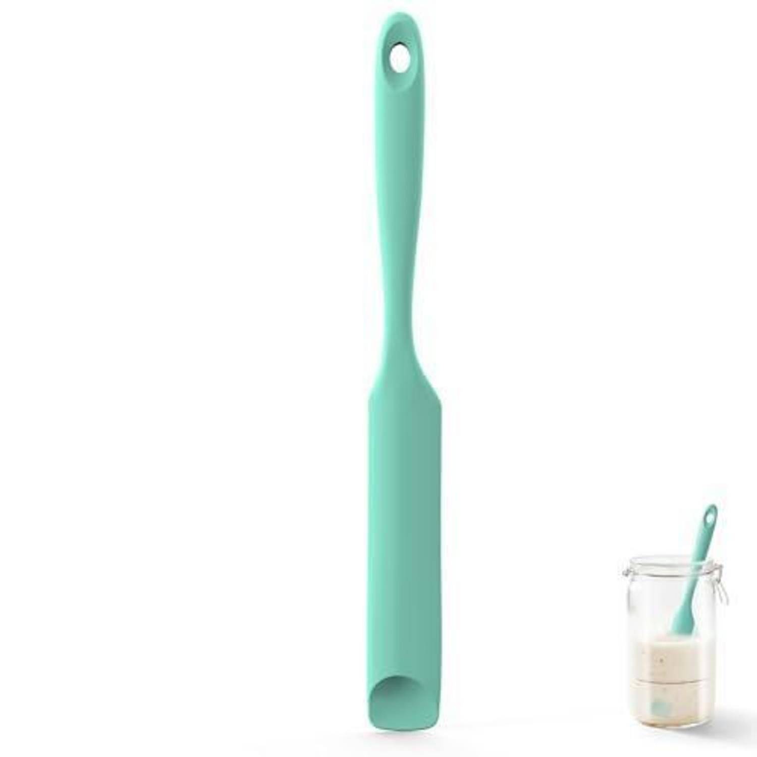Mint-grüner Spachtel oder Glaskratzer mit Aufhängeloch, aufrecht auf weißem Hintergrund dargestellt mit einer kleinen Glasillustration als Größenvergleich.