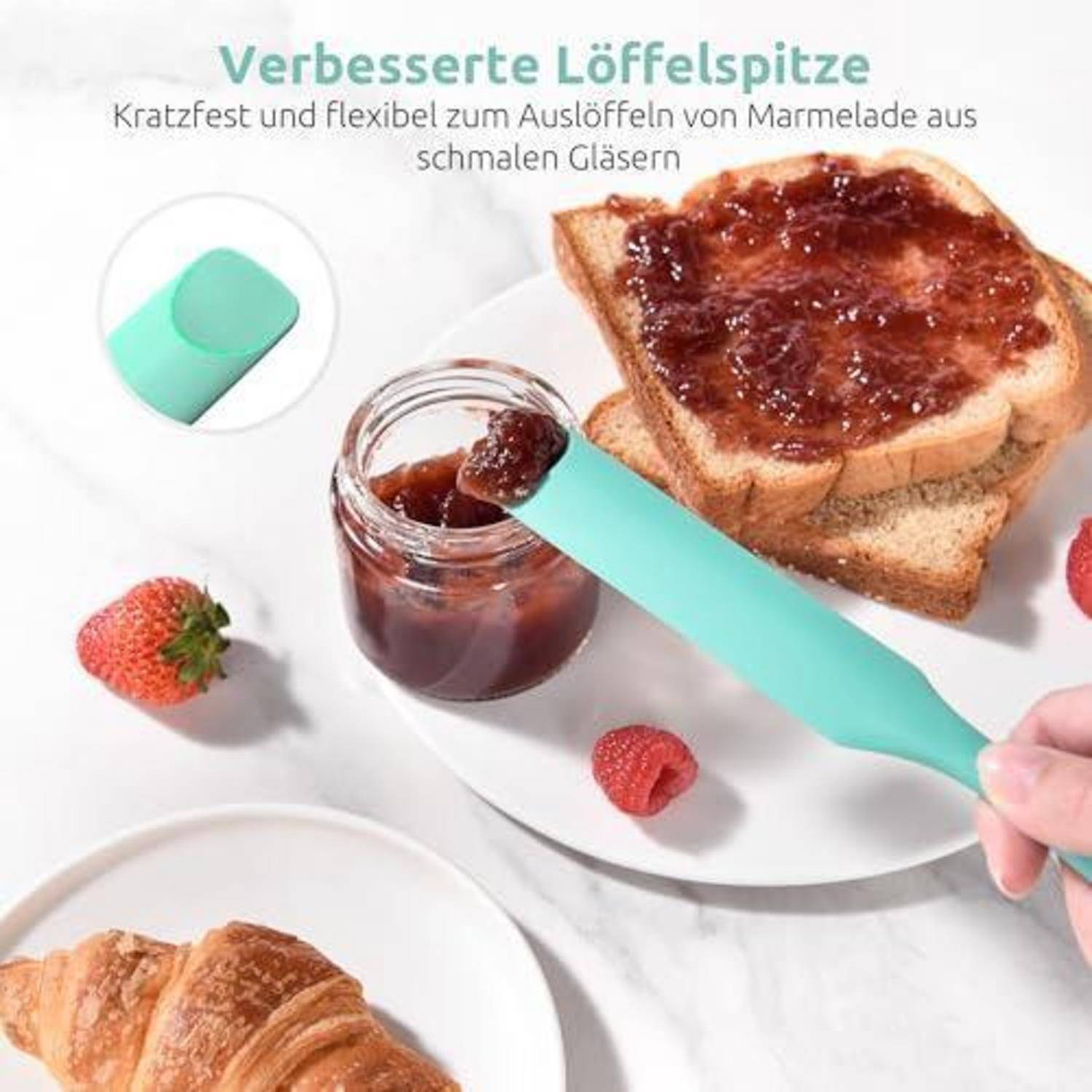 Silikonspatel mit Löffelspitze, 315°C hitzebeständig, Aqua Sky
